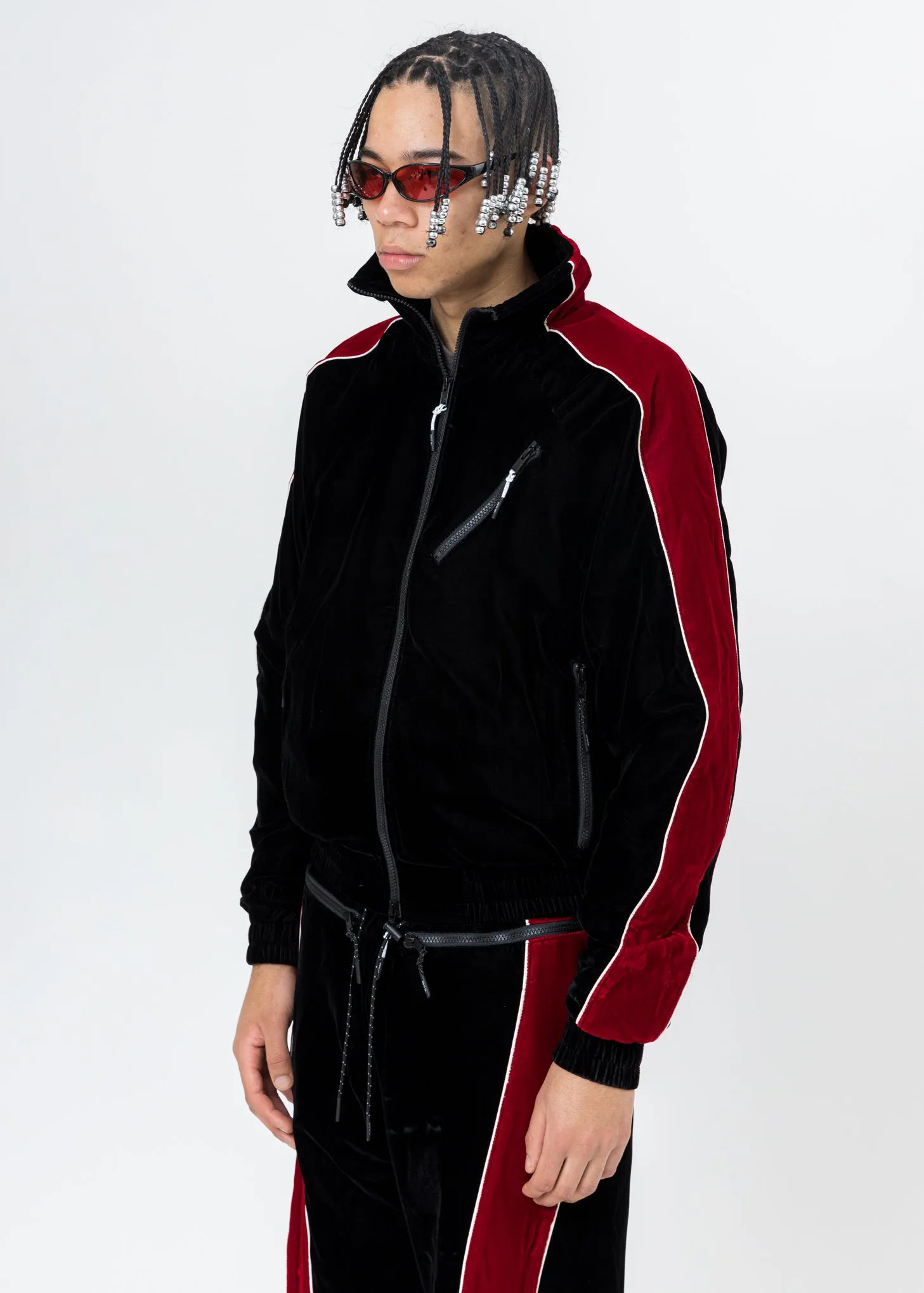Black And Red ATT1%TUDE Velvet Jacket (Reflective Line)