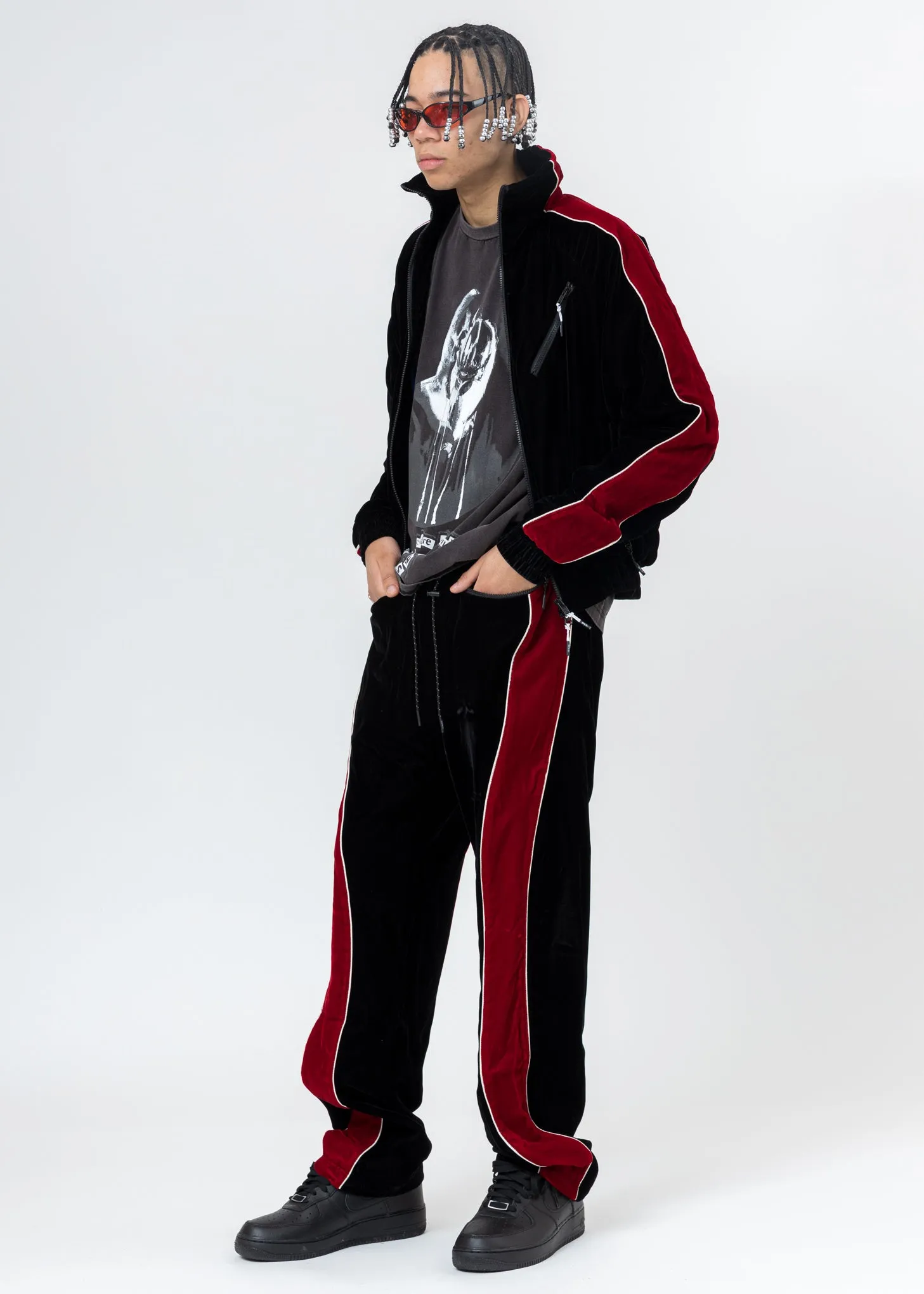 Black And Red ATT1%TUDE Velvet Jacket (Reflective Line)