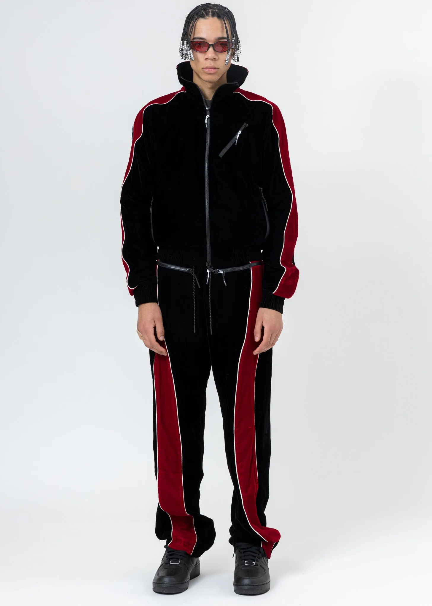 Black And Red ATT1%TUDE Velvet Jacket (Reflective Line)