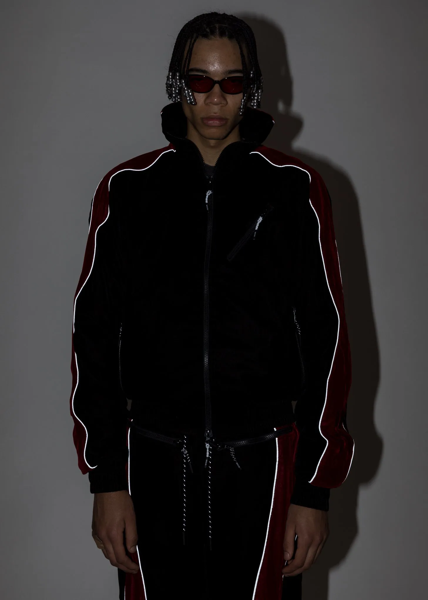 Black And Red ATT1%TUDE Velvet Jacket (Reflective Line)