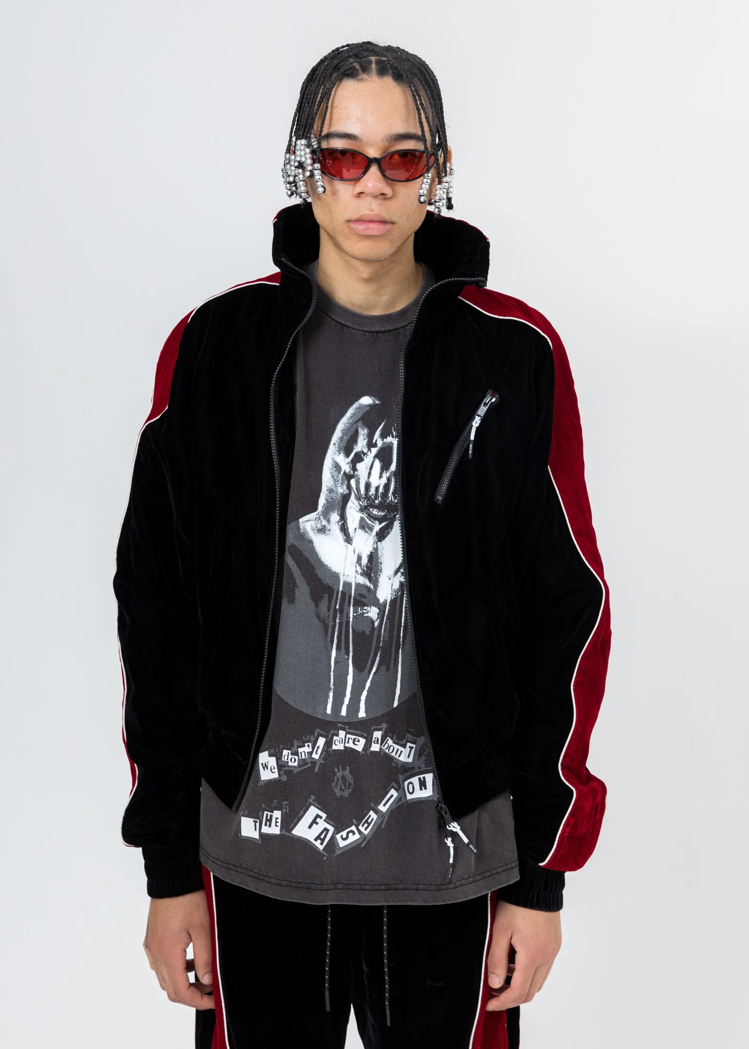 Black And Red ATT1%TUDE Velvet Jacket (Reflective Line)