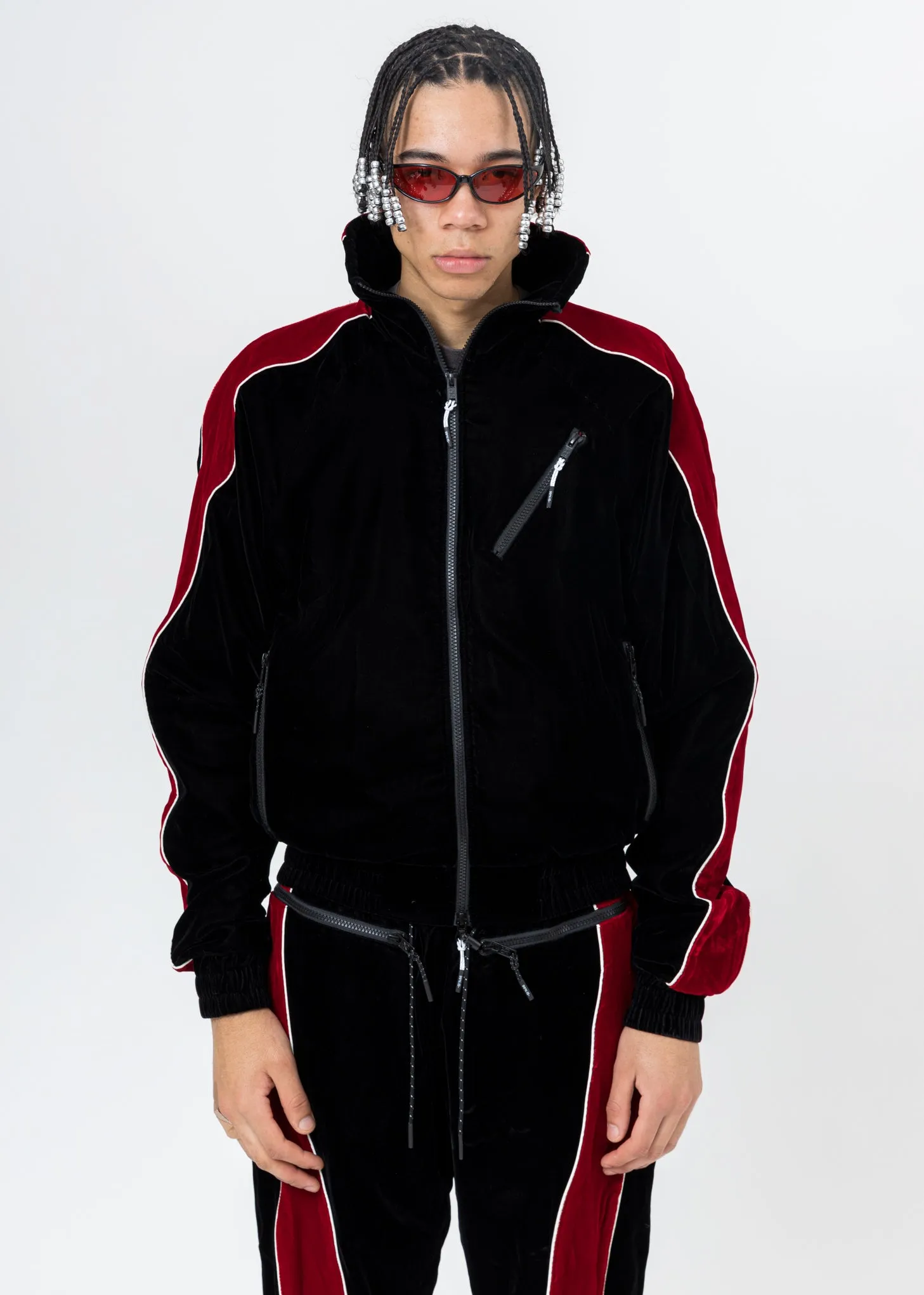 Black And Red ATT1%TUDE Velvet Jacket (Reflective Line)