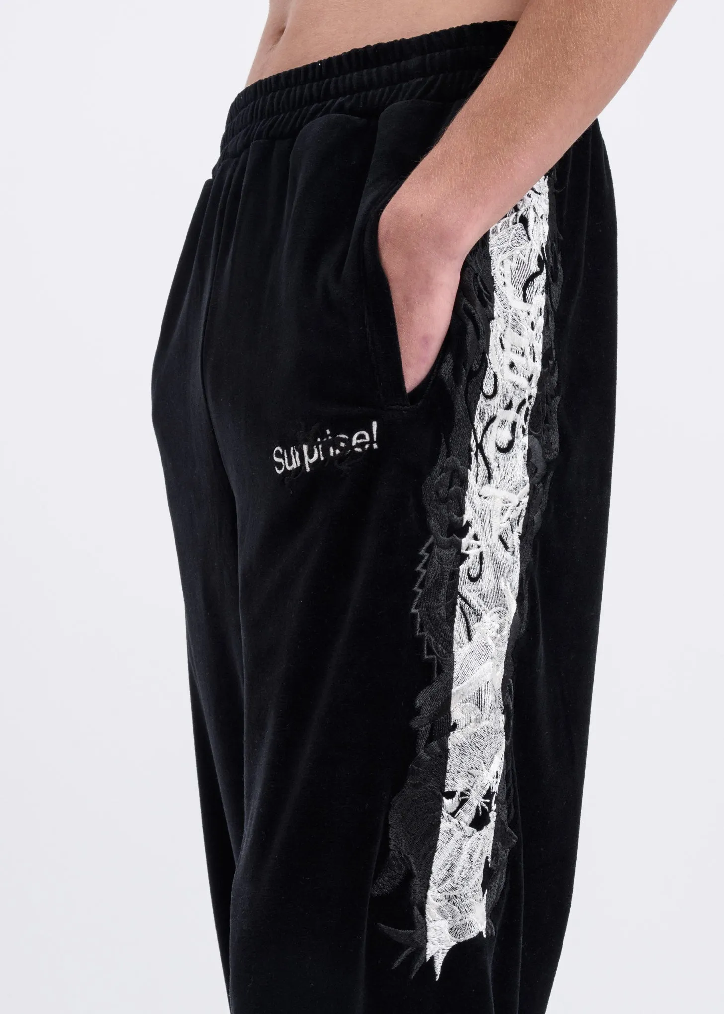 Black Lined Chaos Embroidery Track Pants