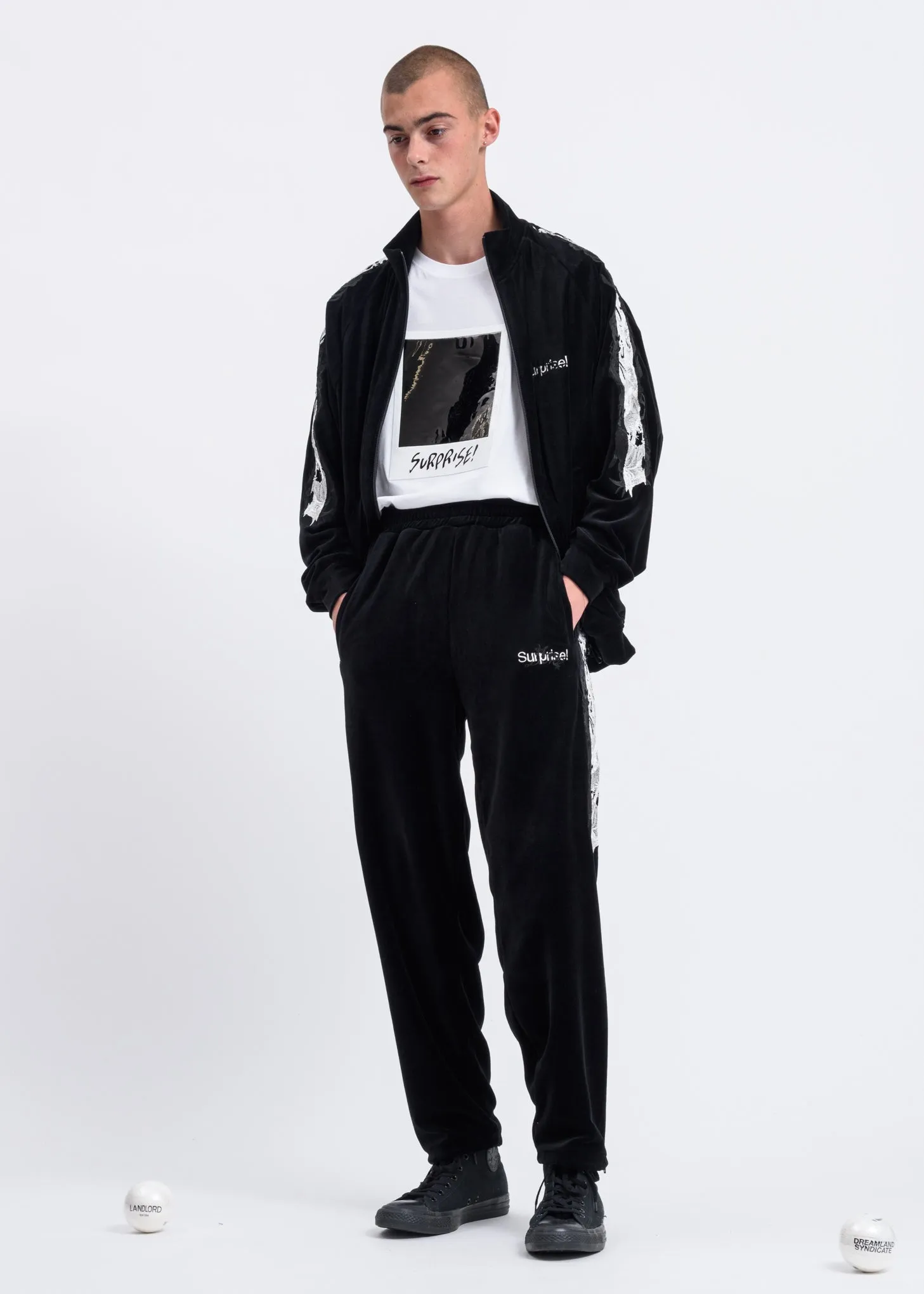 Black Lined Chaos Embroidery Track Pants