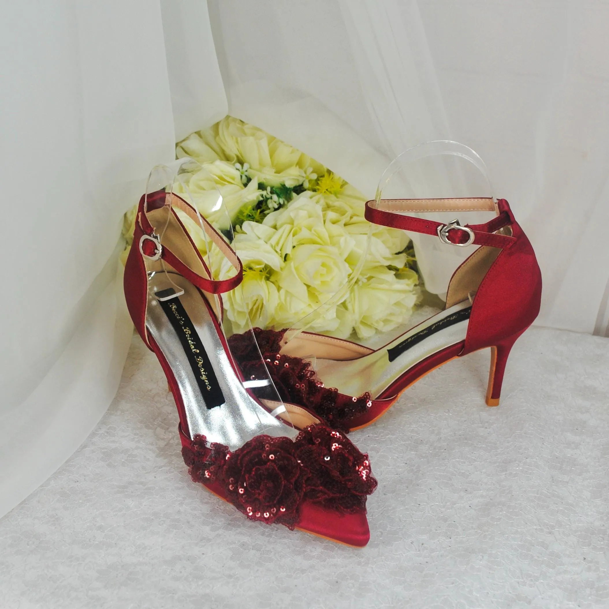 Burgundy Fascinator Hat, Clutch Bag and Satin Heels