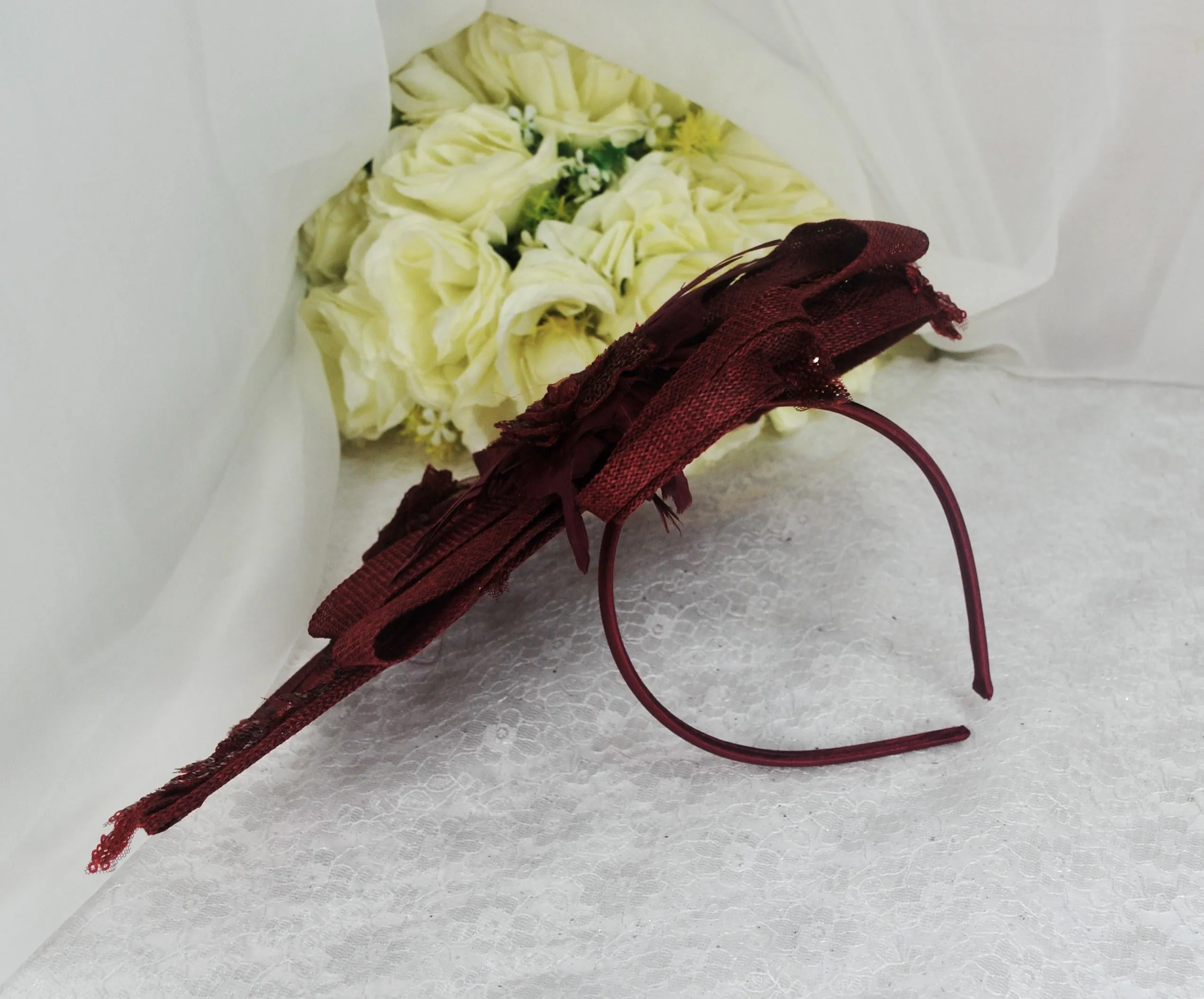 Burgundy Fascinator Hat, Clutch Bag and Satin Heels