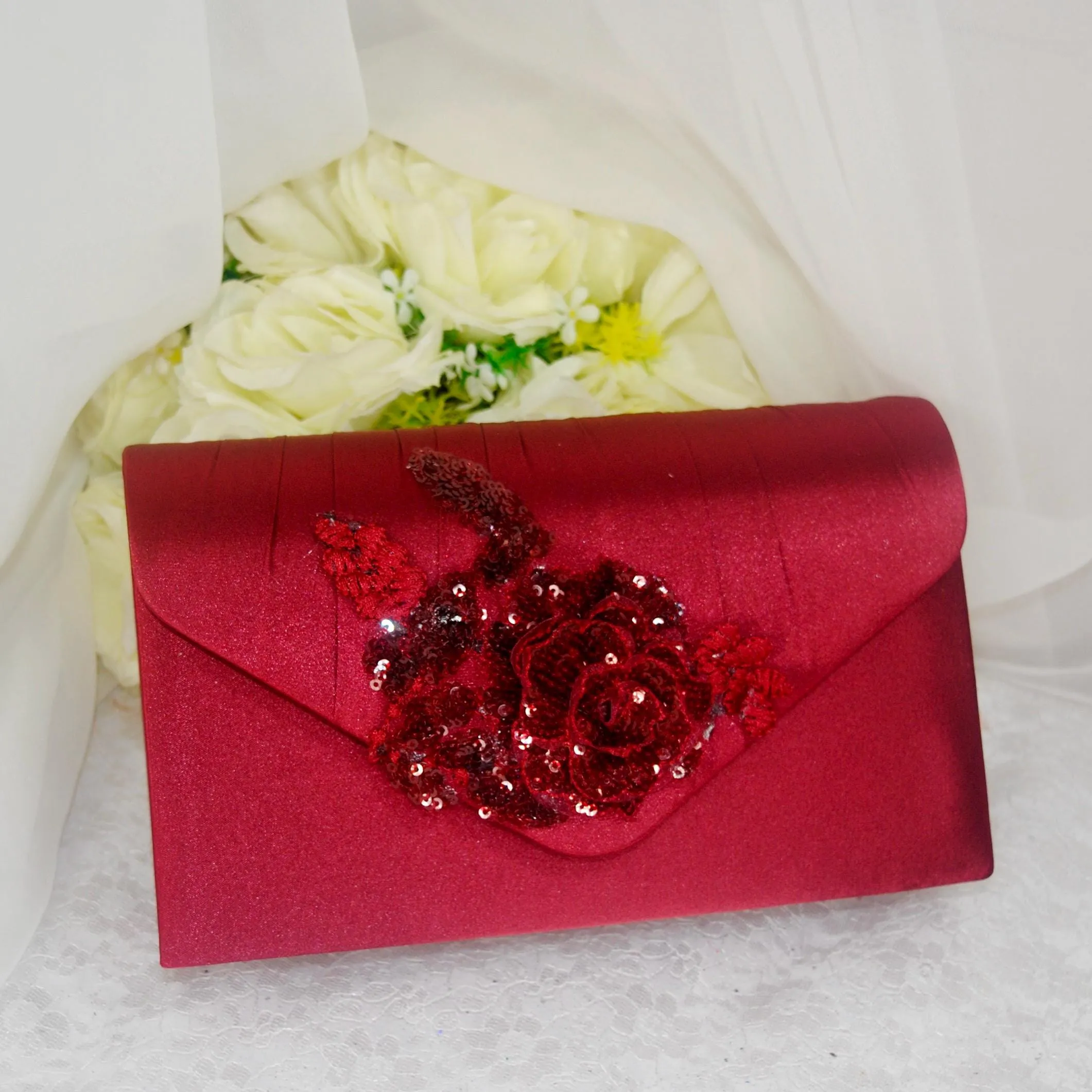 Burgundy Fascinator Hat, Clutch Bag and Satin Heels