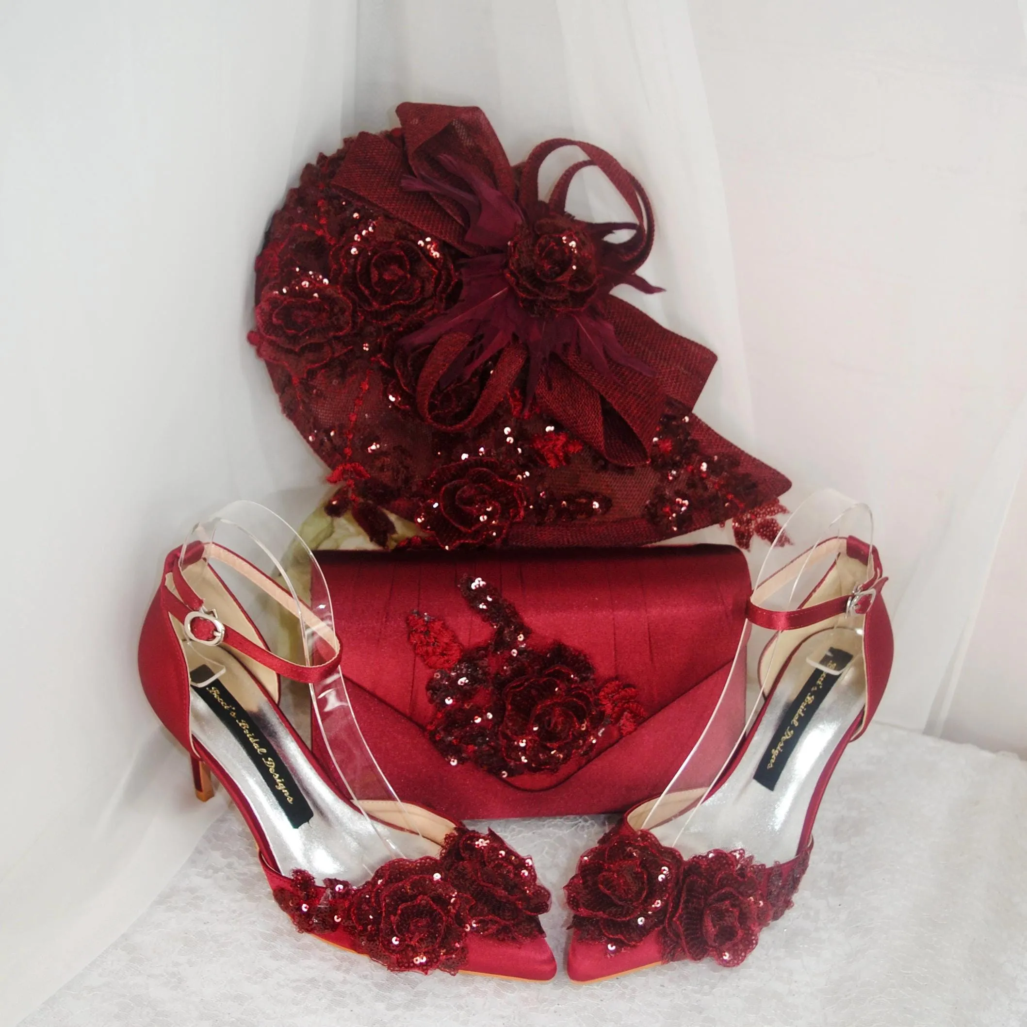 Burgundy Fascinator Hat, Clutch Bag and Satin Heels