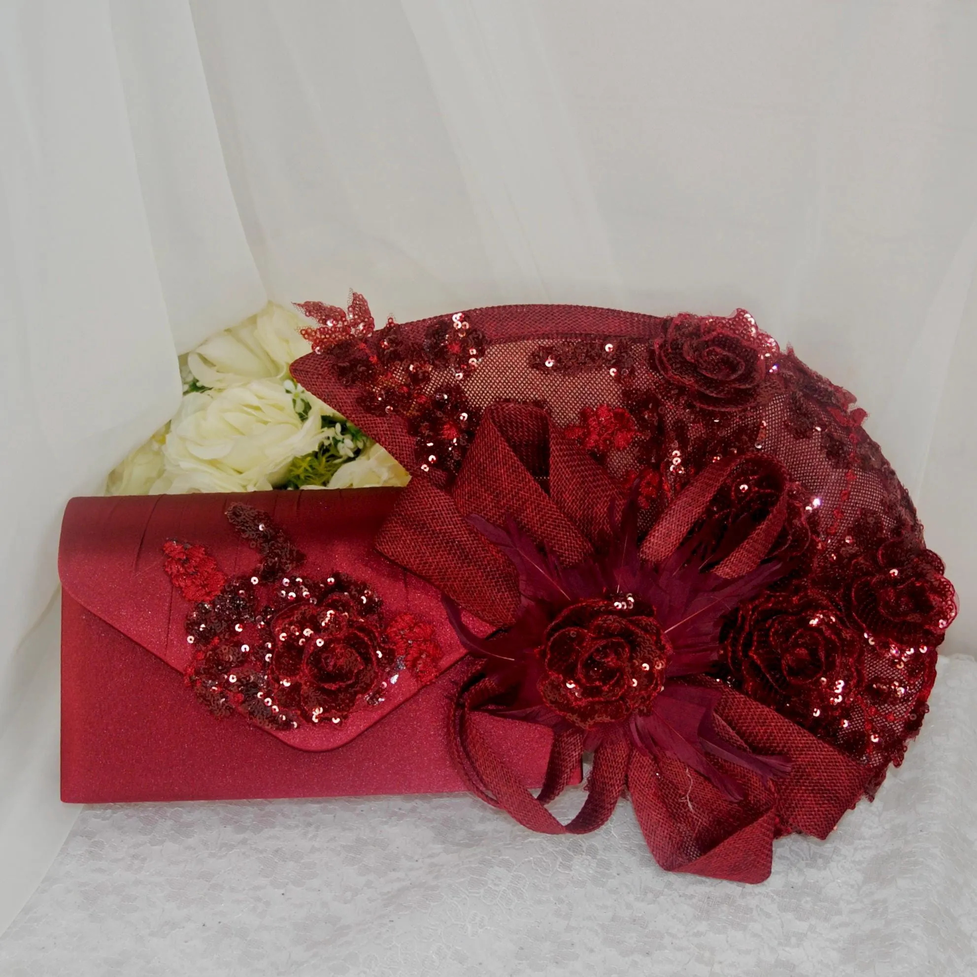 Burgundy Fascinator Hat, Clutch Bag and Satin Heels