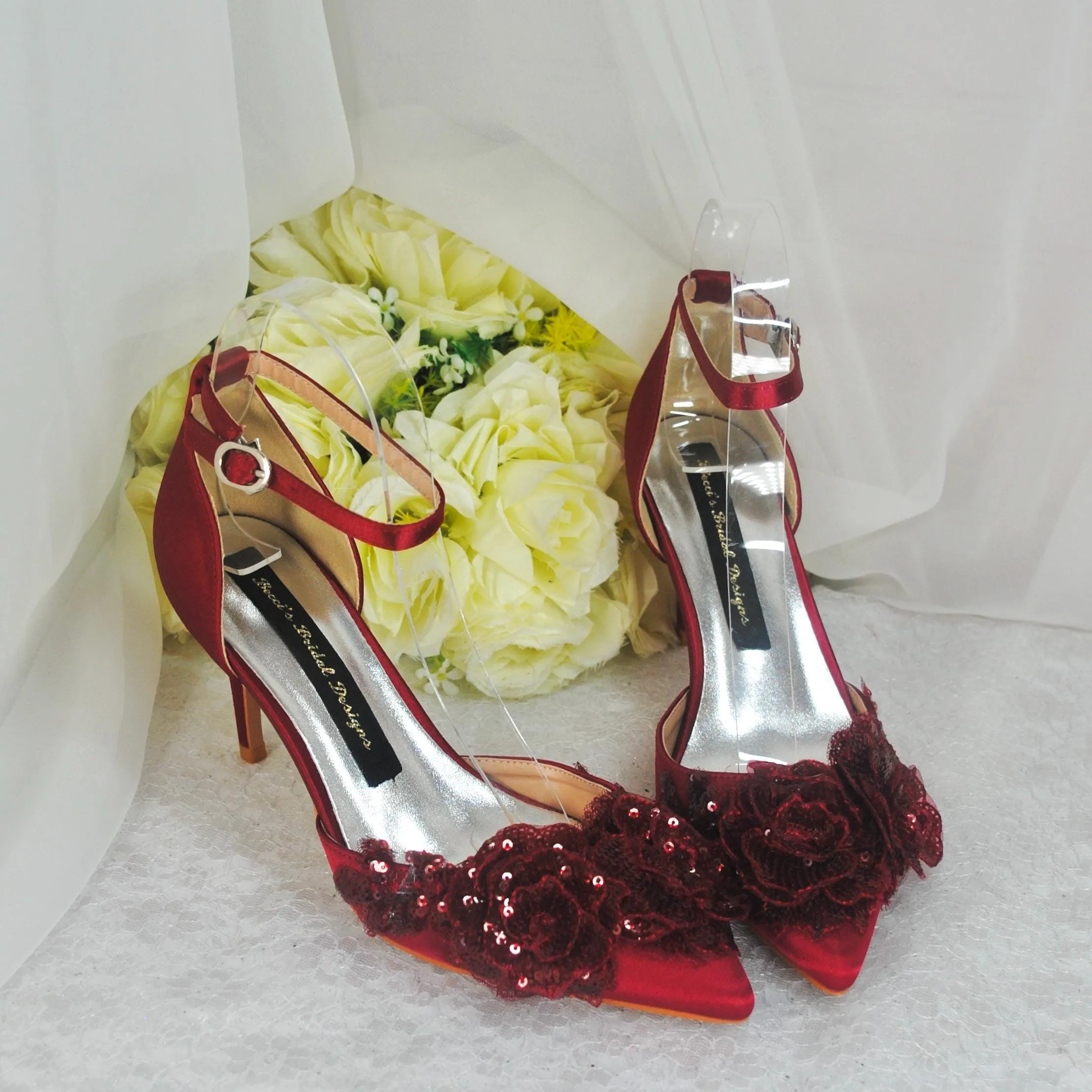 Burgundy Fascinator Hat, Clutch Bag and Satin Heels