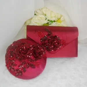 Burgundy Fascinator Hat, Clutch Bag and Satin Heels