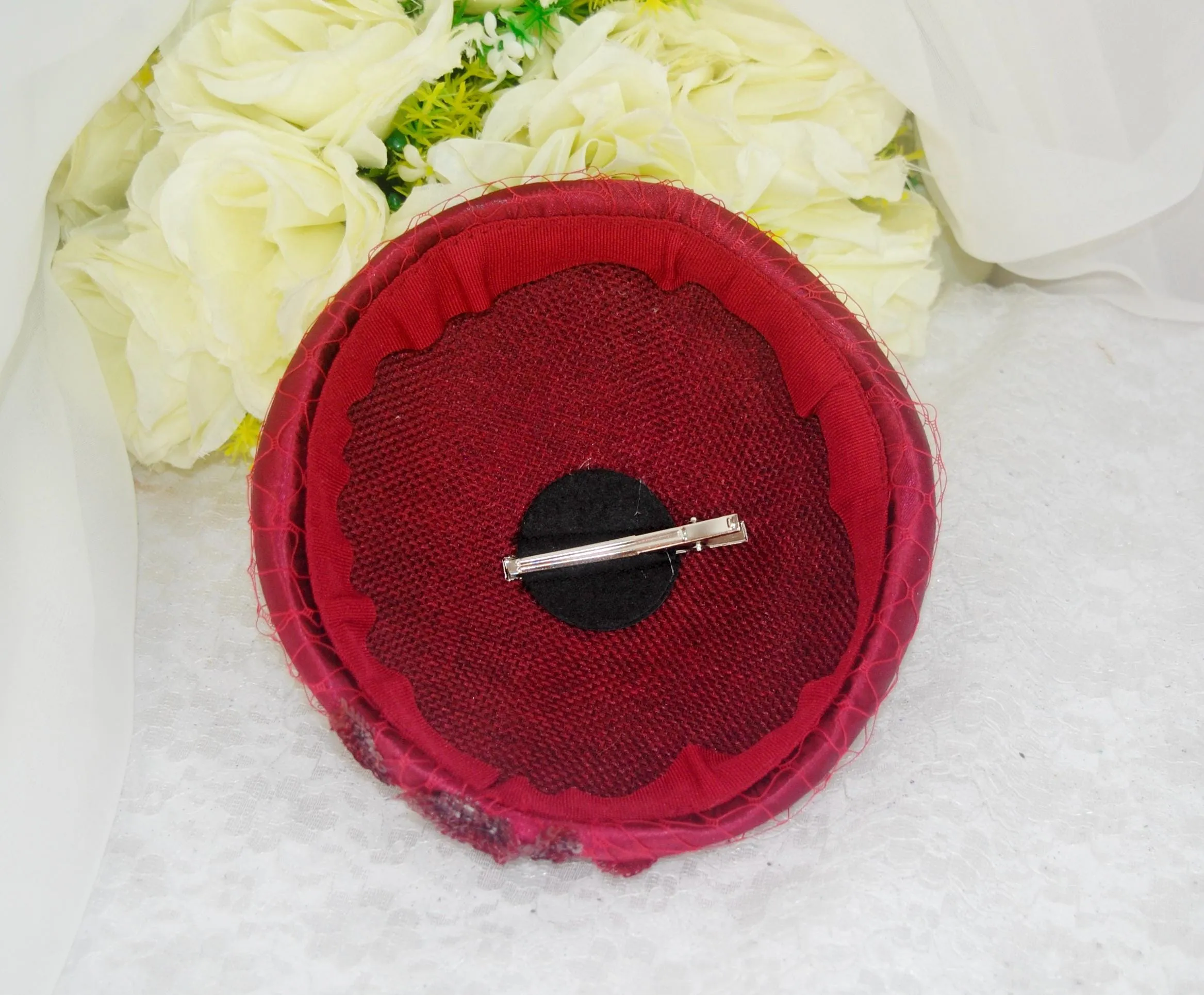 Burgundy Fascinator Hat, Clutch Bag and Satin Heels
