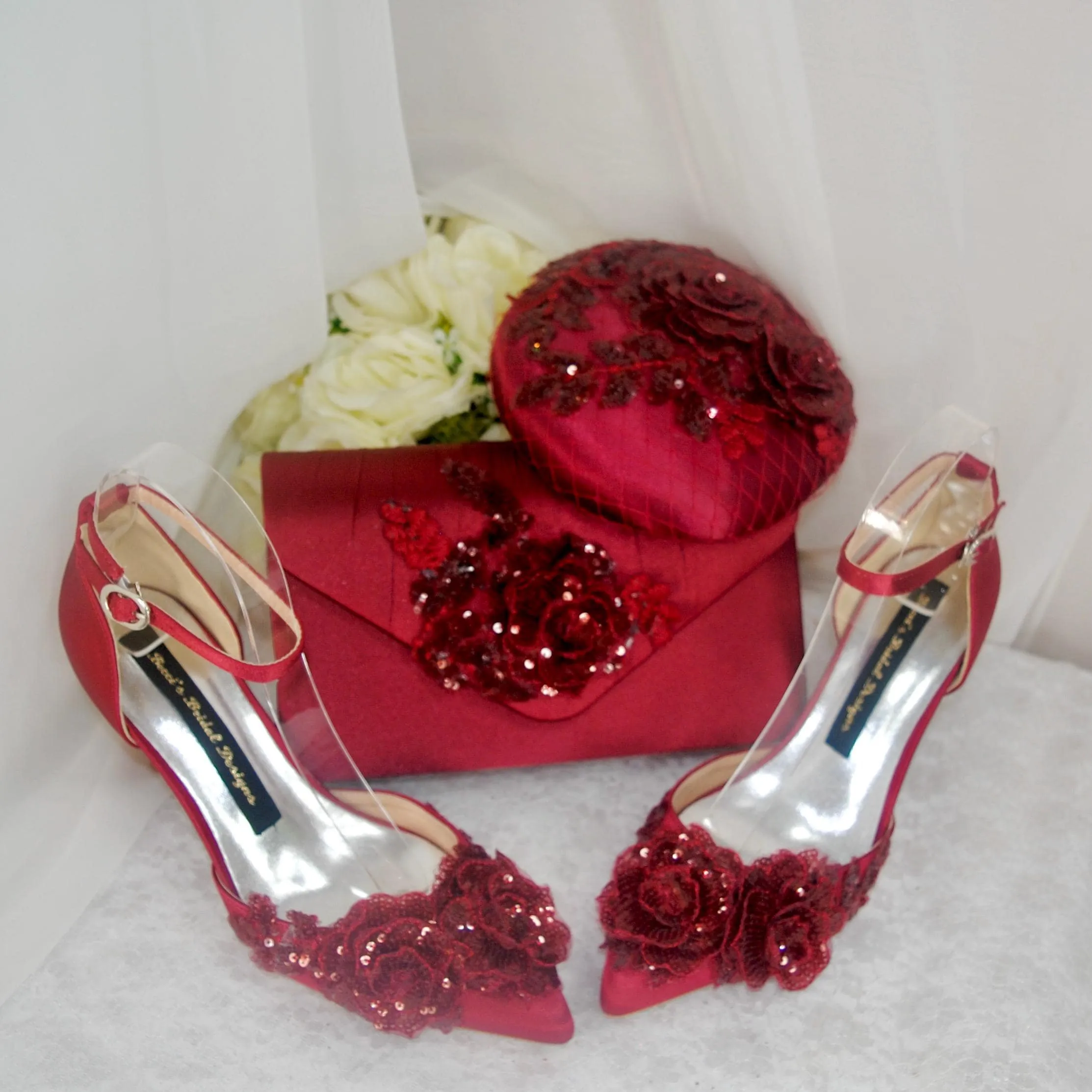 Burgundy Fascinator Hat, Clutch Bag and Satin Heels
