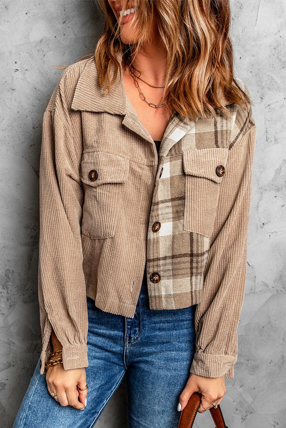 Corduroy Plaid Dropped Shoulder Jacket For Women