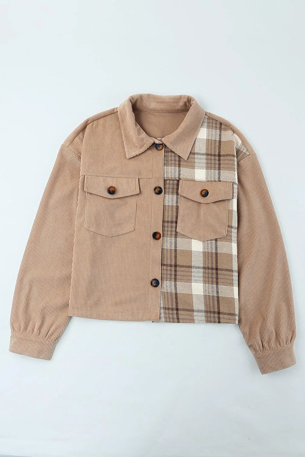 Corduroy Plaid Dropped Shoulder Jacket For Women