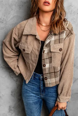 Corduroy Plaid Dropped Shoulder Jacket For Women