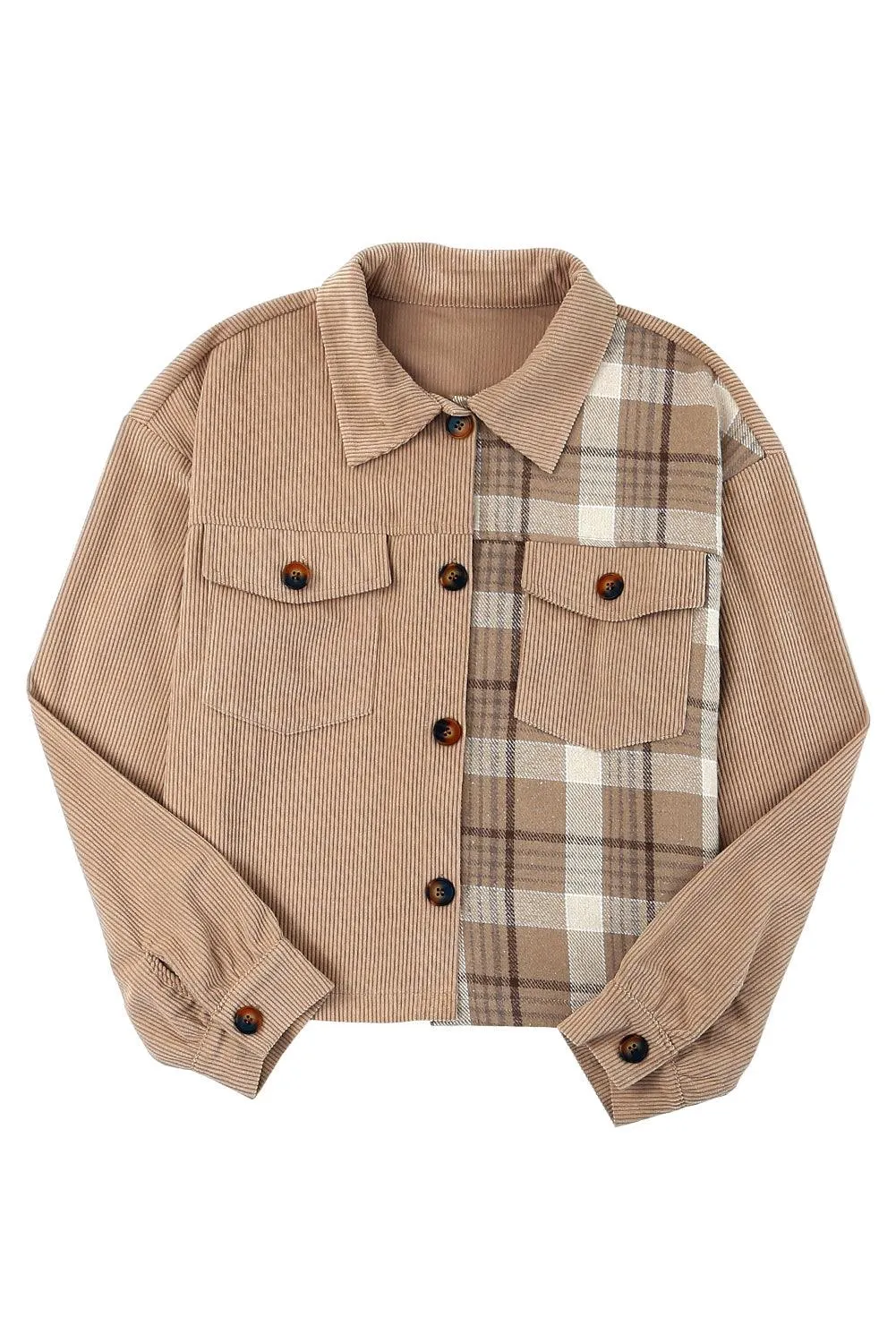 Corduroy Plaid Dropped Shoulder Jacket For Women