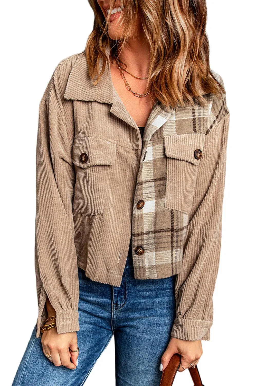 Corduroy Plaid Dropped Shoulder Jacket For Women