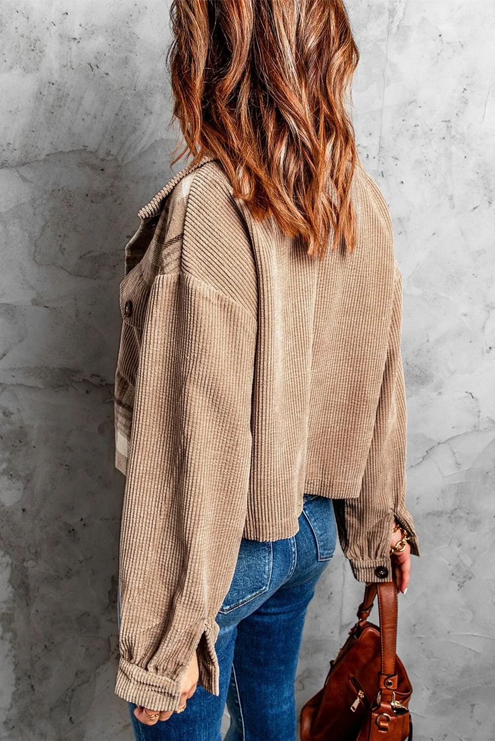 Corduroy Plaid Dropped Shoulder Jacket For Women