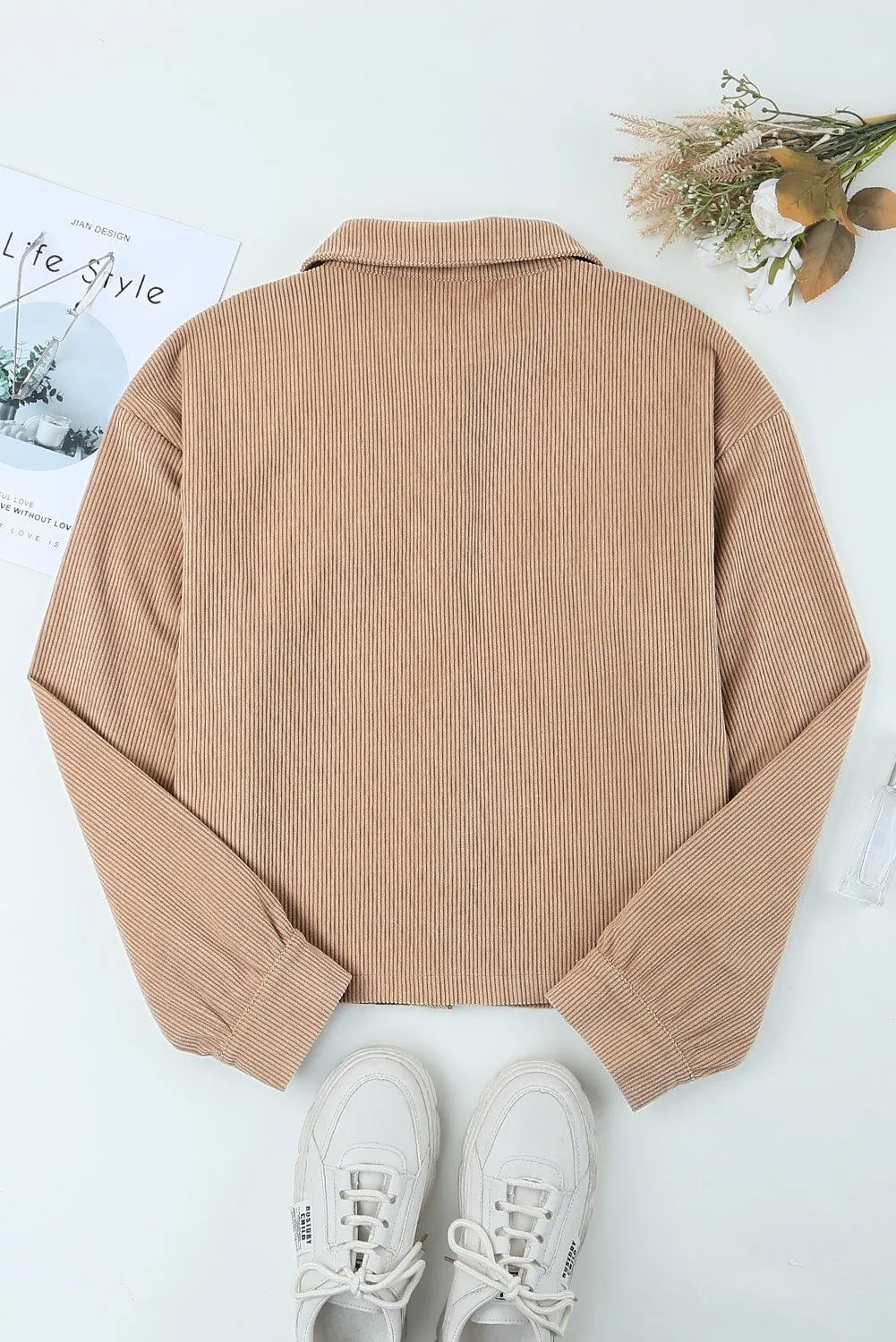 Corduroy Plaid Dropped Shoulder Jacket For Women