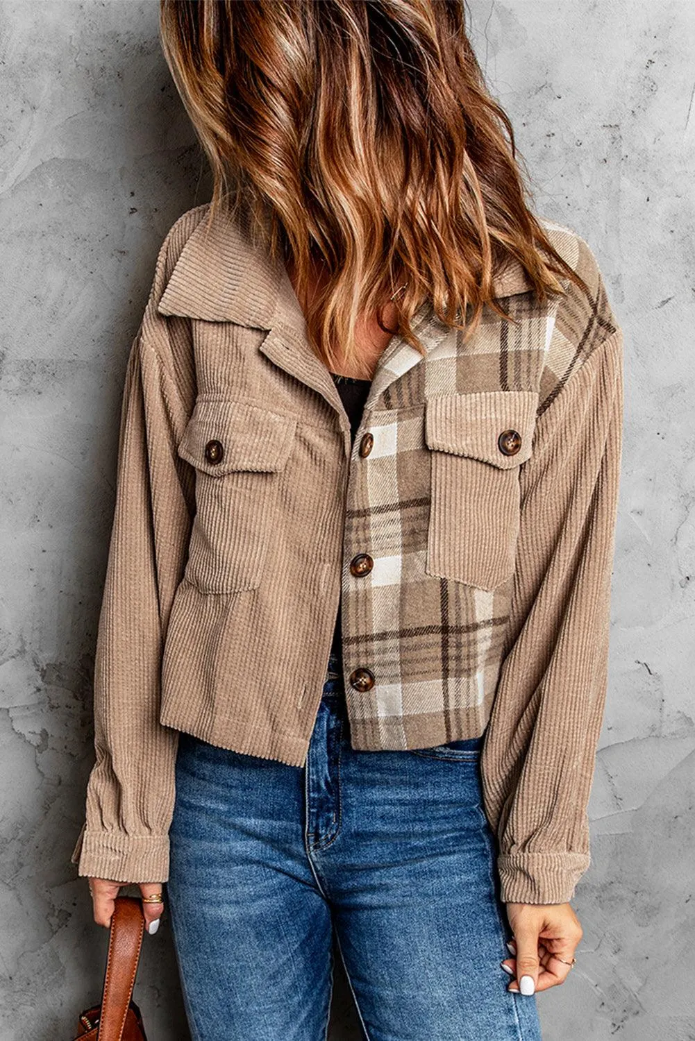 Corduroy Plaid Dropped Shoulder Jacket For Women
