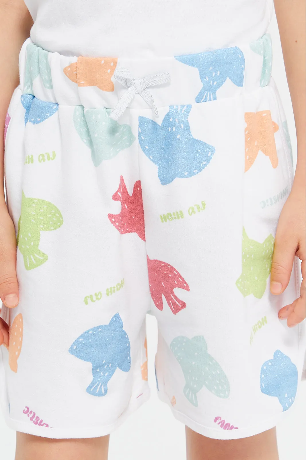 Girls White Bird Printed Shorts