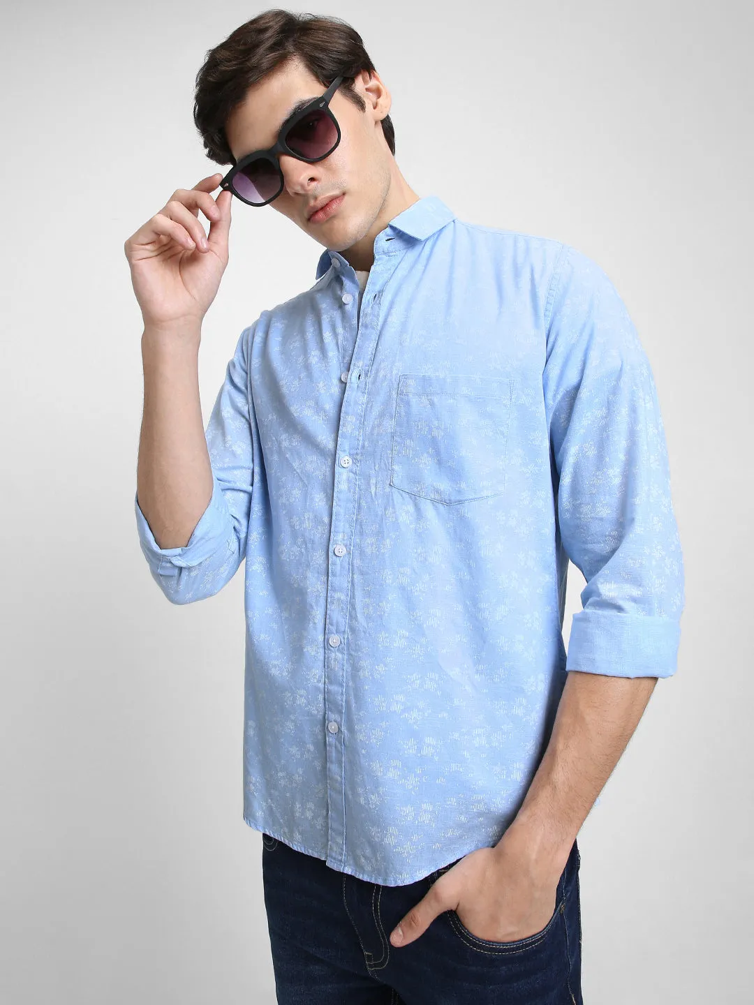 Men's Regular Collar Slim Fit Print Blue Casual Shirts
