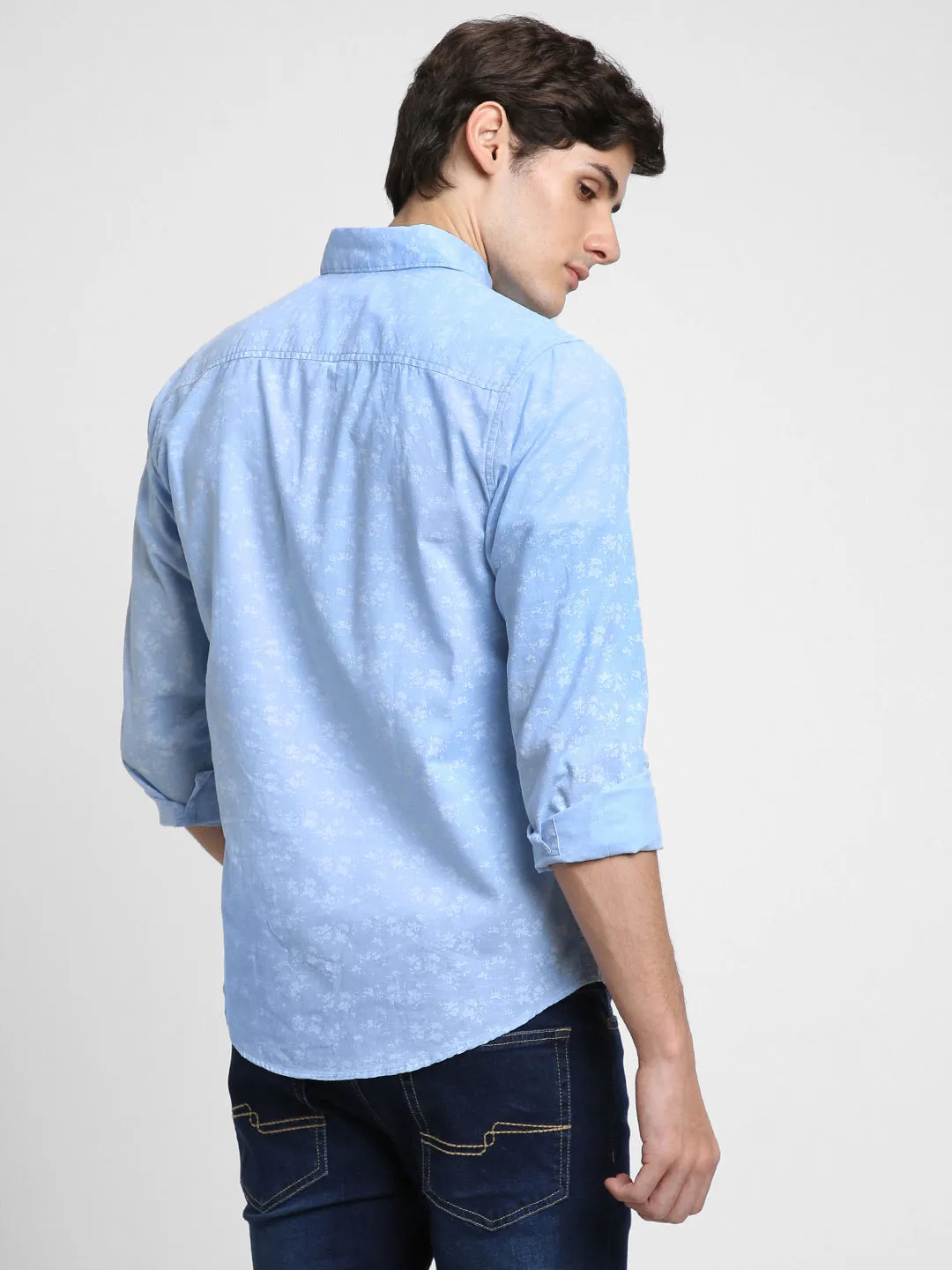 Men's Regular Collar Slim Fit Print Blue Casual Shirts