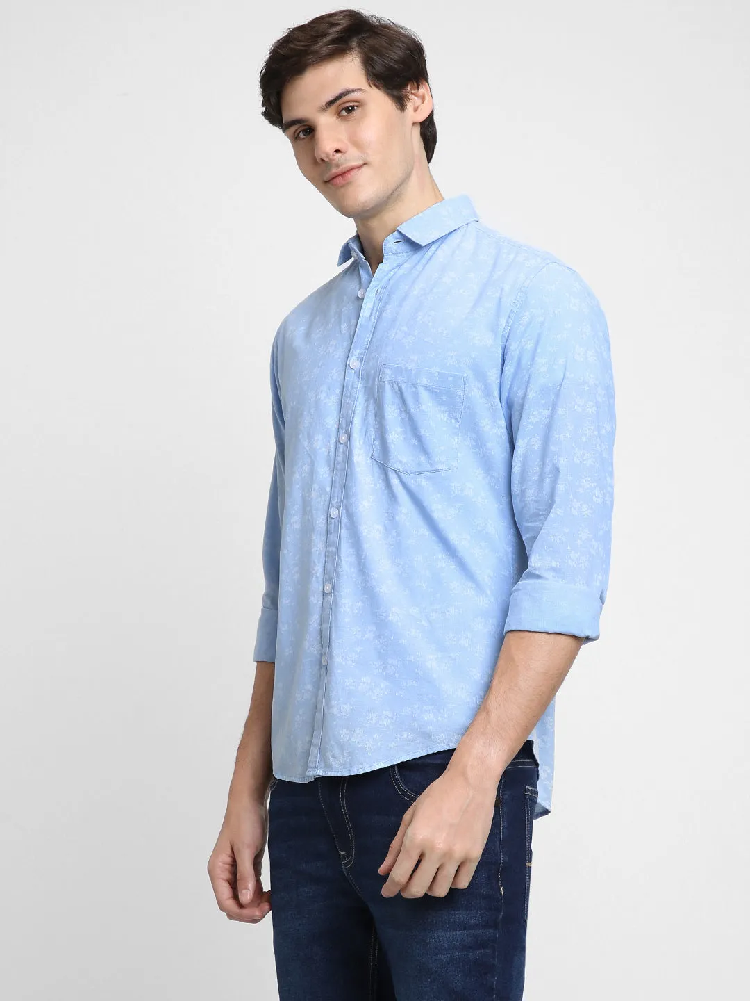 Men's Regular Collar Slim Fit Print Blue Casual Shirts