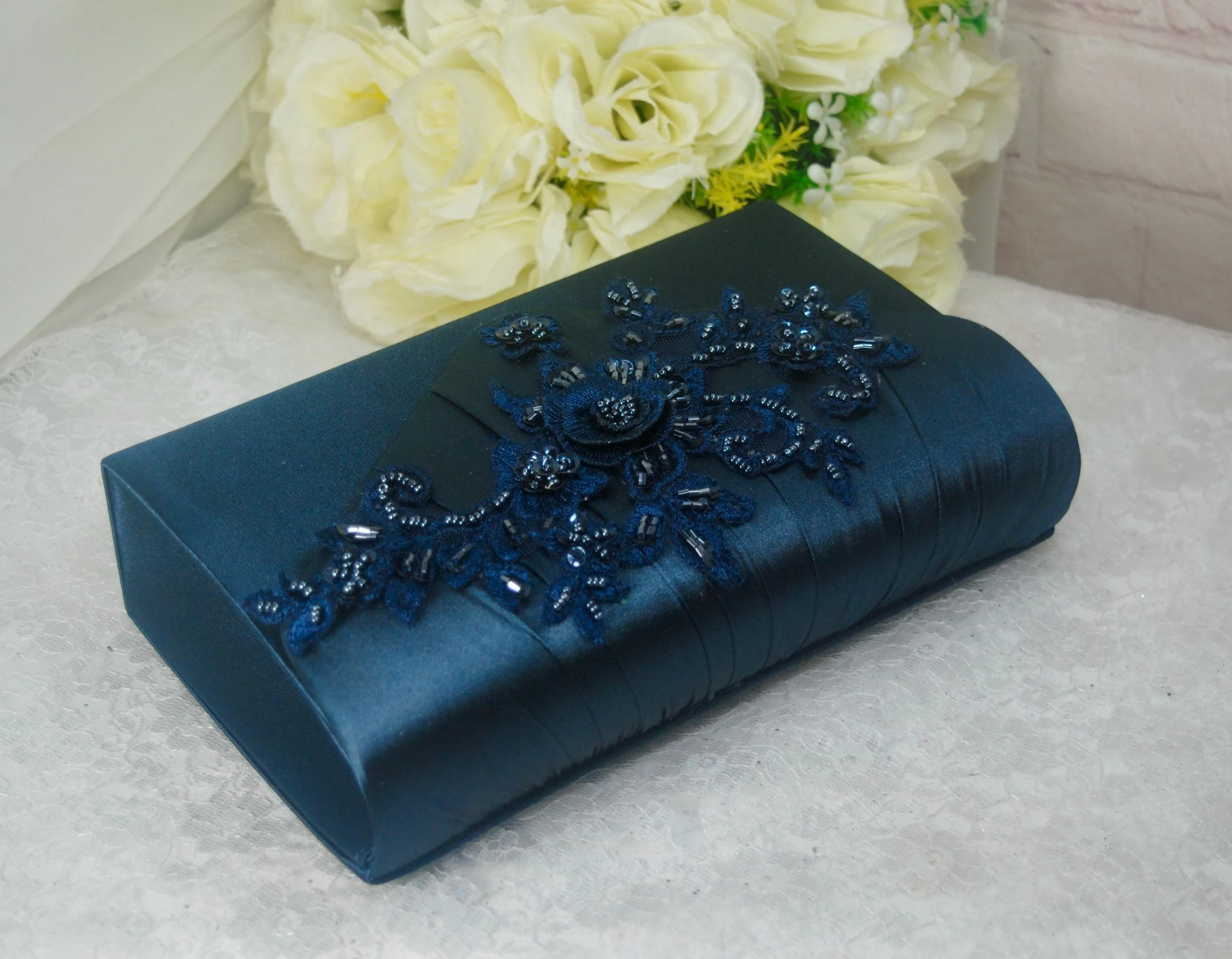 Navy Blue Satin Sandals Clutch Bag Fascinator Hat. UK4/US6.5
