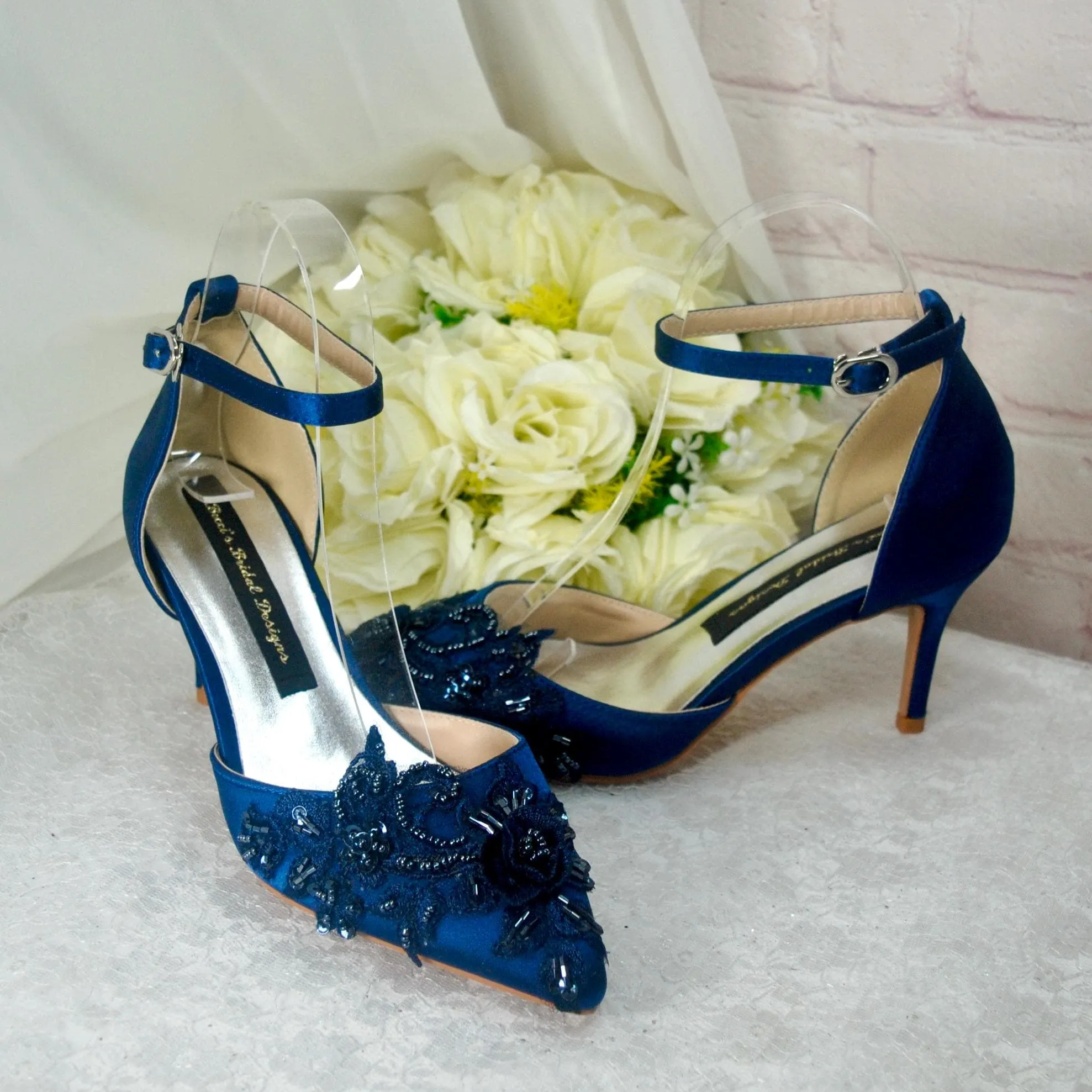 Navy Blue Satin Sandals Clutch Bag Fascinator Hat. UK4/US6.5