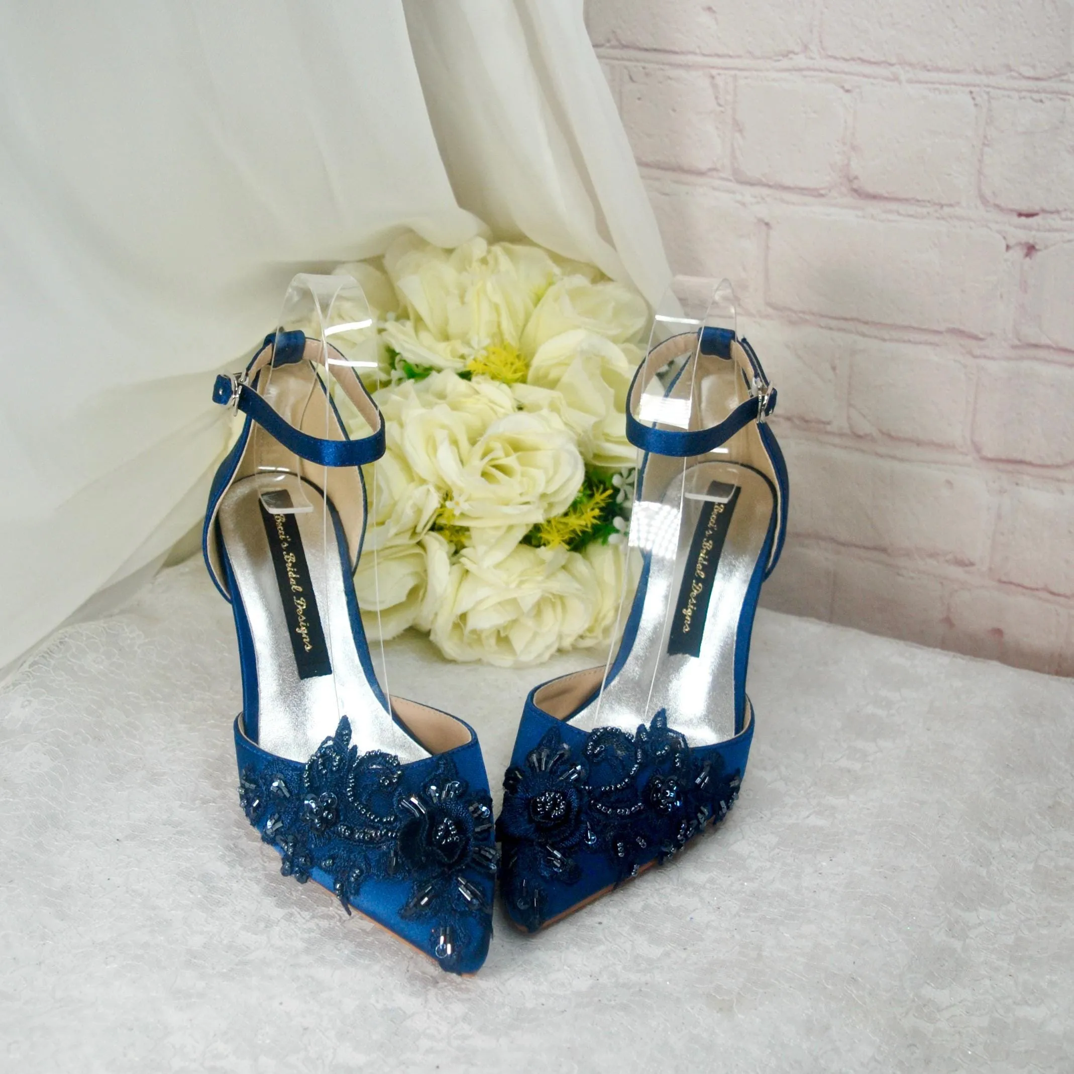 Navy Blue Satin Sandals Clutch Bag Fascinator Hat. UK4/US6.5