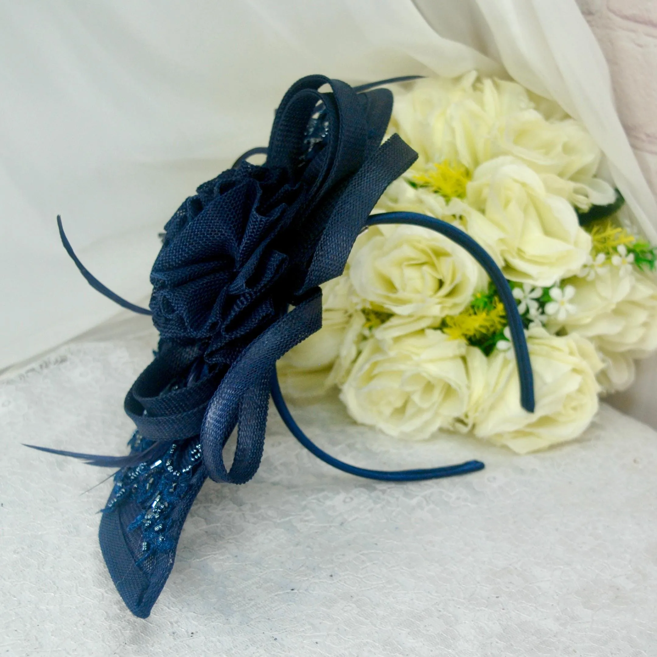Navy Blue Satin Sandals Clutch Bag Fascinator Hat. UK4/US6.5