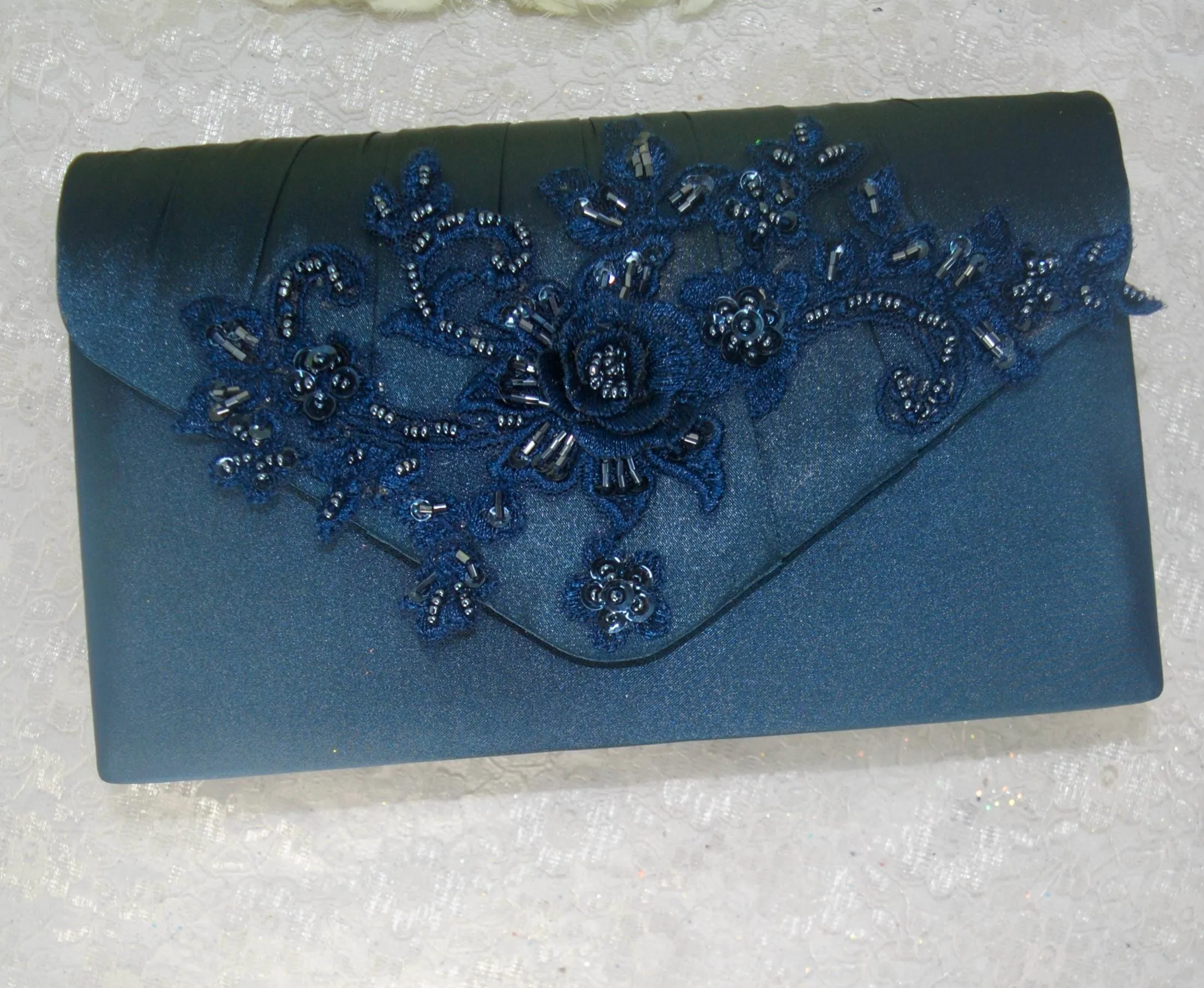 Navy Blue Satin Sandals Clutch Bag Fascinator Hat. UK4/US6.5