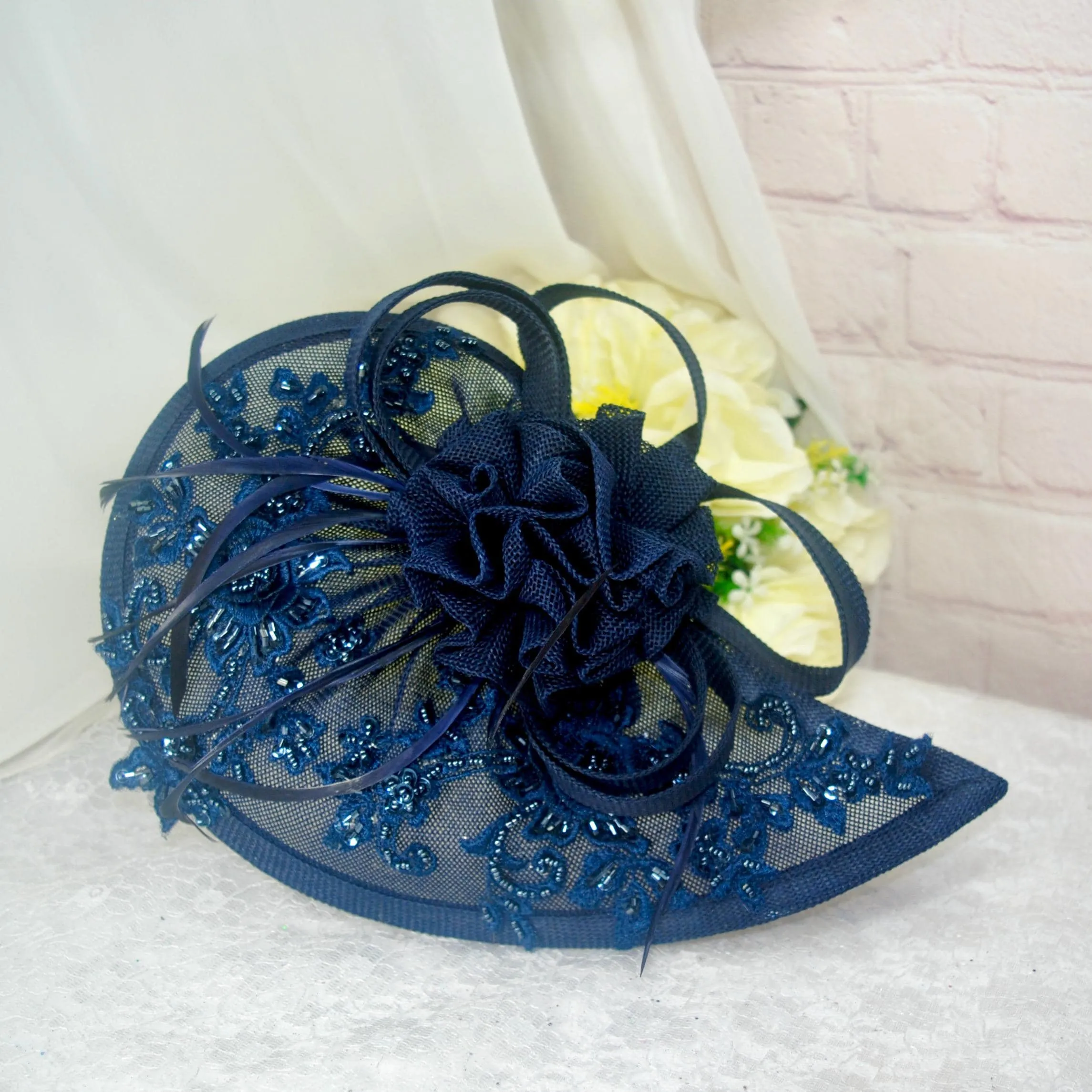 Navy Blue Satin Sandals Clutch Bag Fascinator Hat. UK4/US6.5
