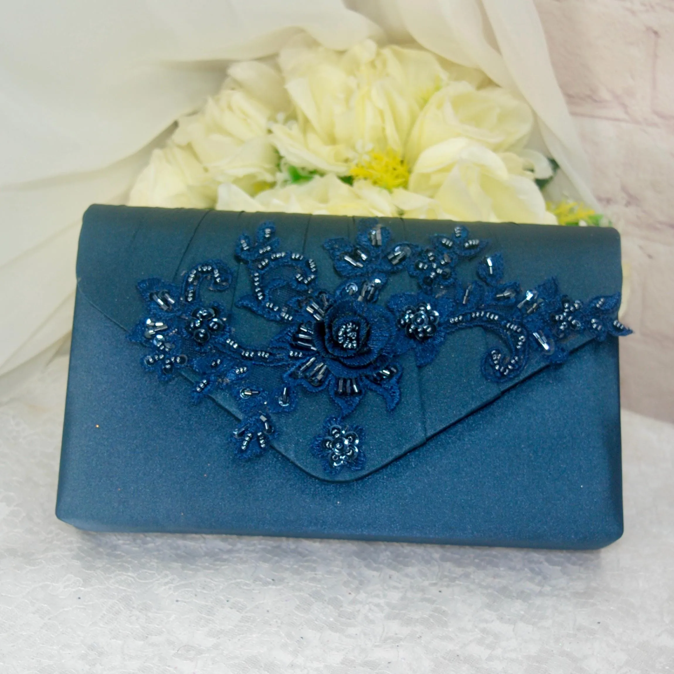 Navy Blue Satin Sandals Clutch Bag Fascinator Hat. UK4/US6.5