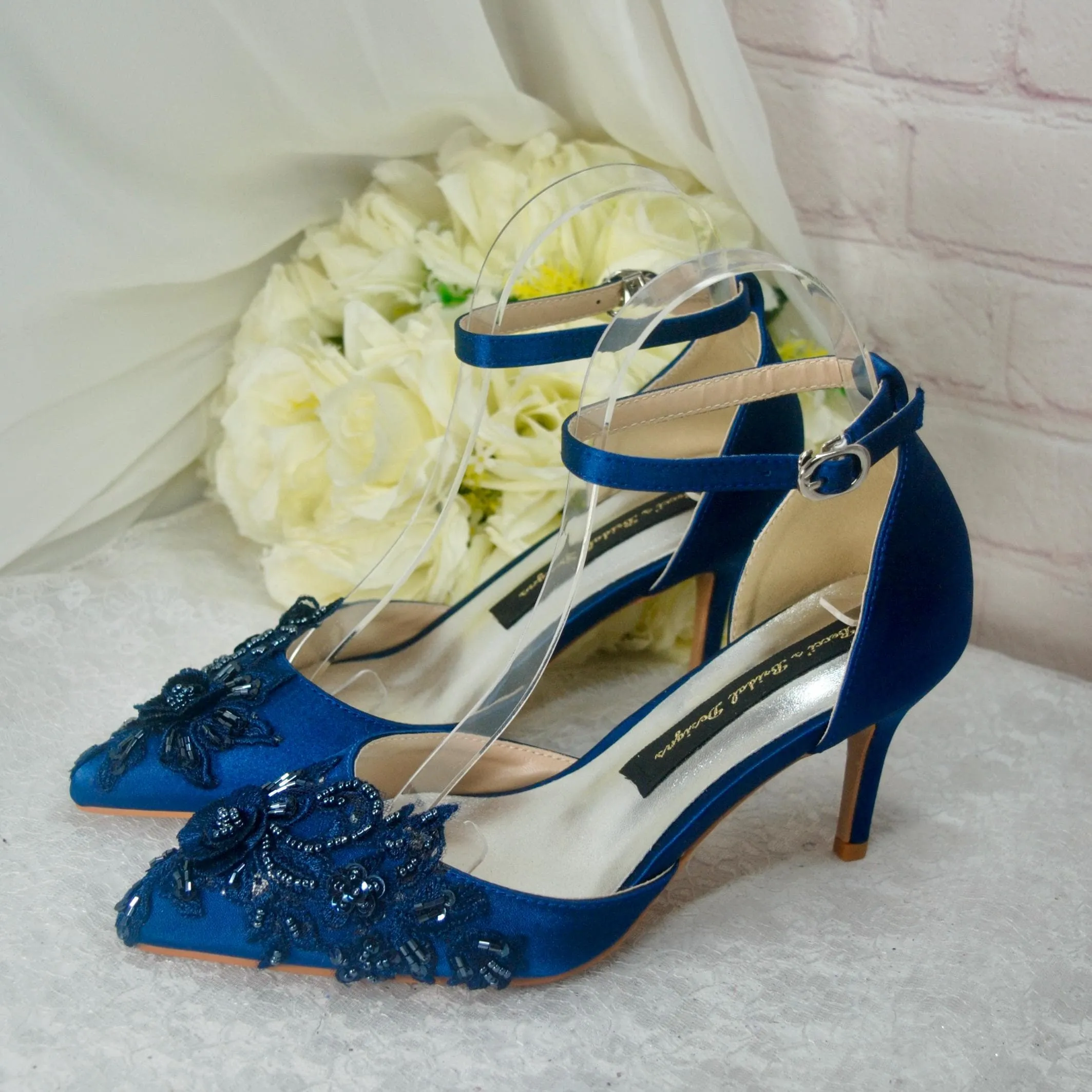 Navy Blue Satin Sandals Clutch Bag Fascinator Hat. UK4/US6.5