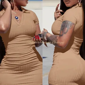 Solid Tan V Neck Casual Short Dress