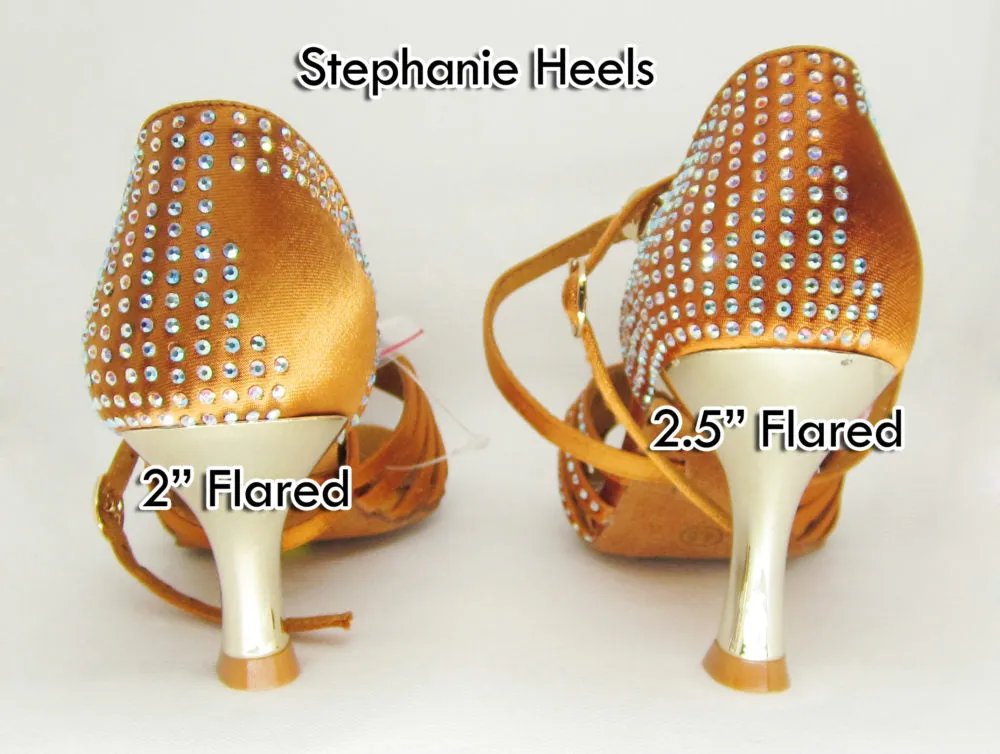 Stephanie Dance Shoes, 2090-45, Dark Tan Satin-Rhinestones, 2” & 2.5” Flared Heel