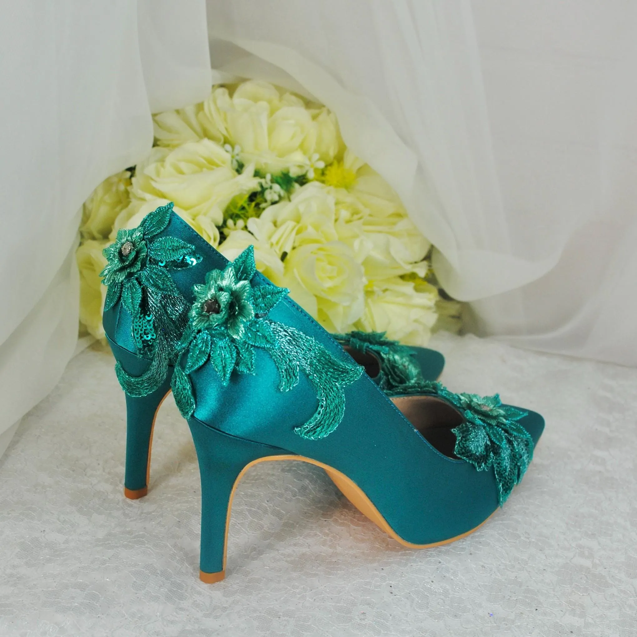 Teal Fascinator Hat, Clutch Bag and Satin Heels