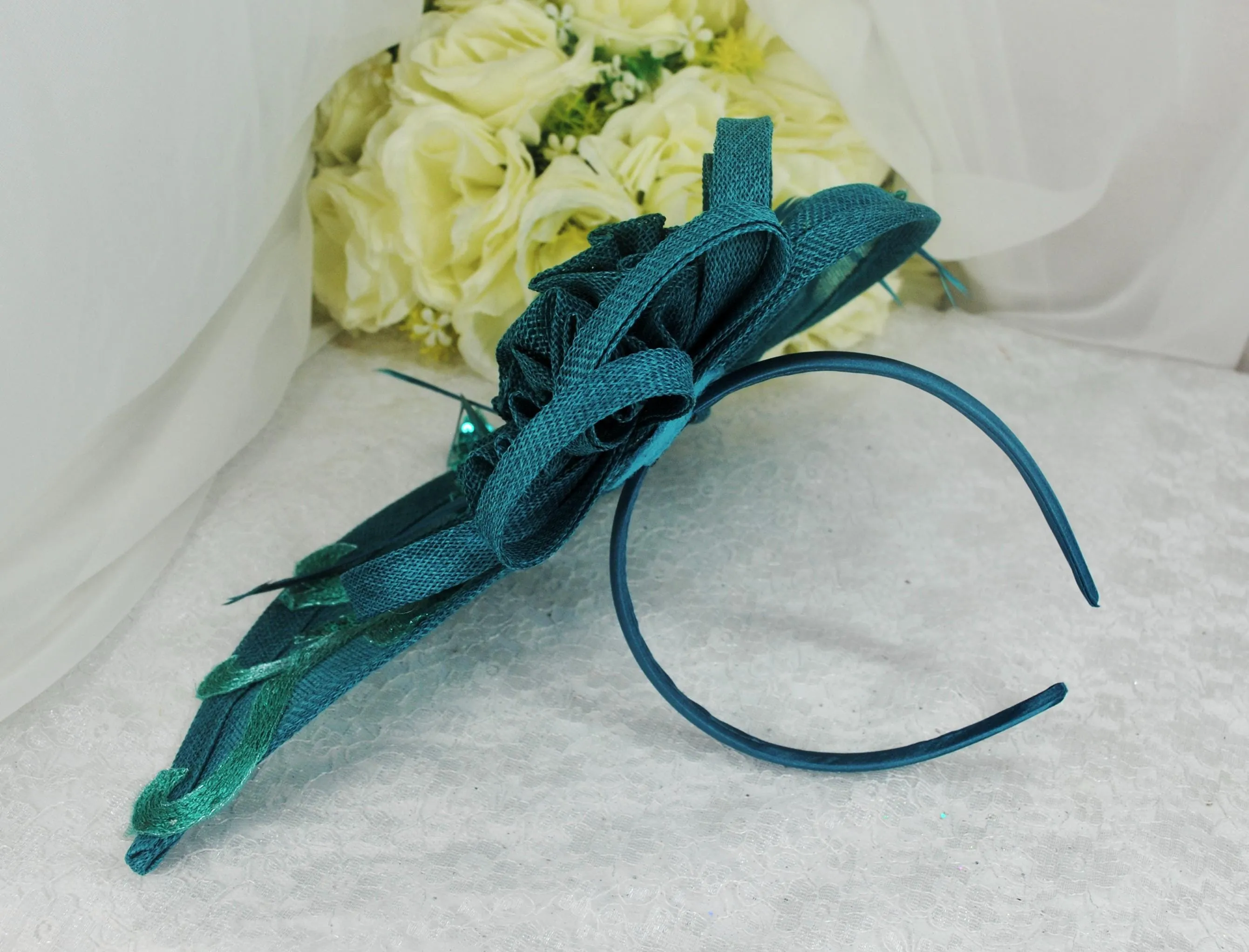 Teal Fascinator Hat, Clutch Bag and Satin Heels