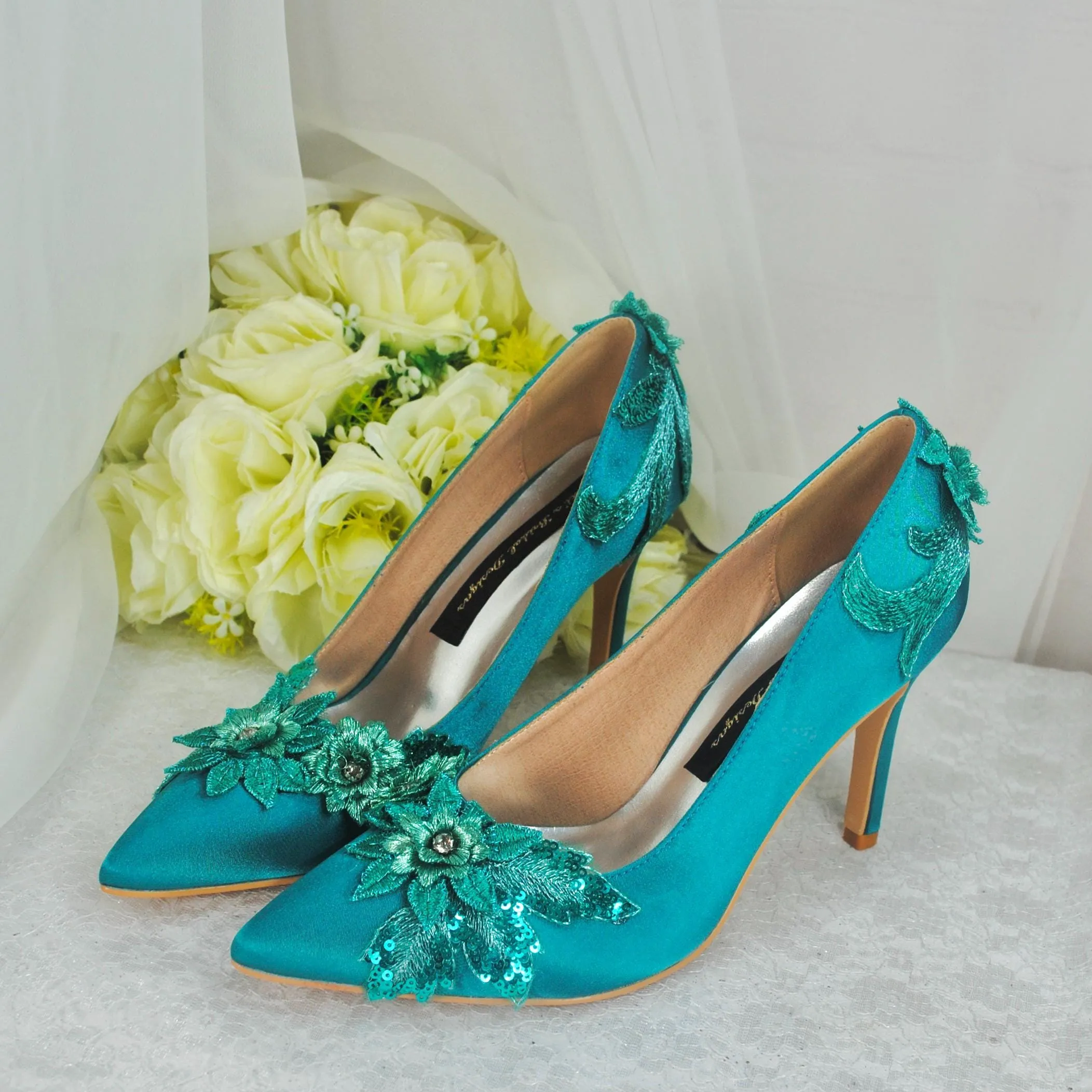 Teal Fascinator Hat, Clutch Bag and Satin Heels
