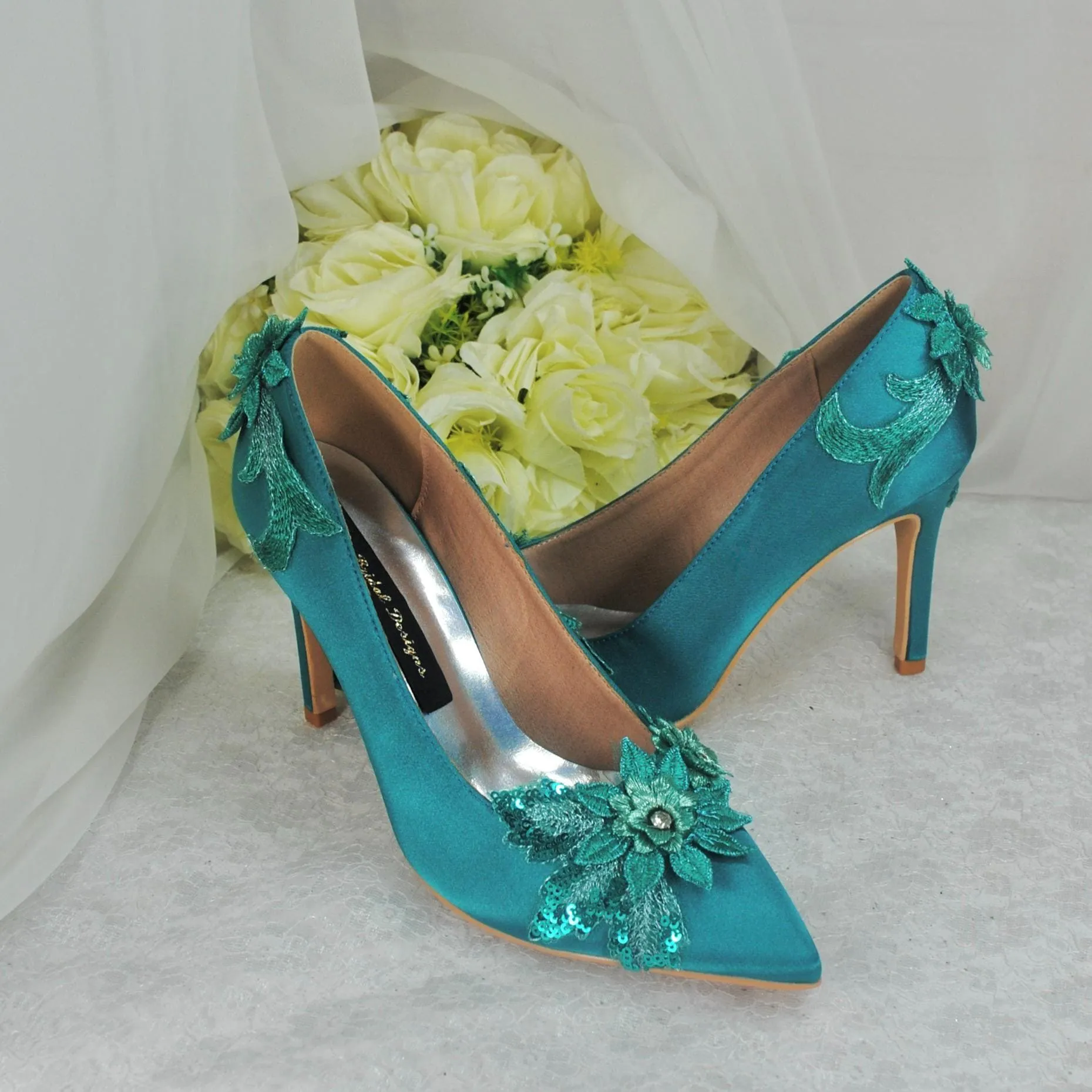 Teal Fascinator Hat, Clutch Bag and Satin Heels