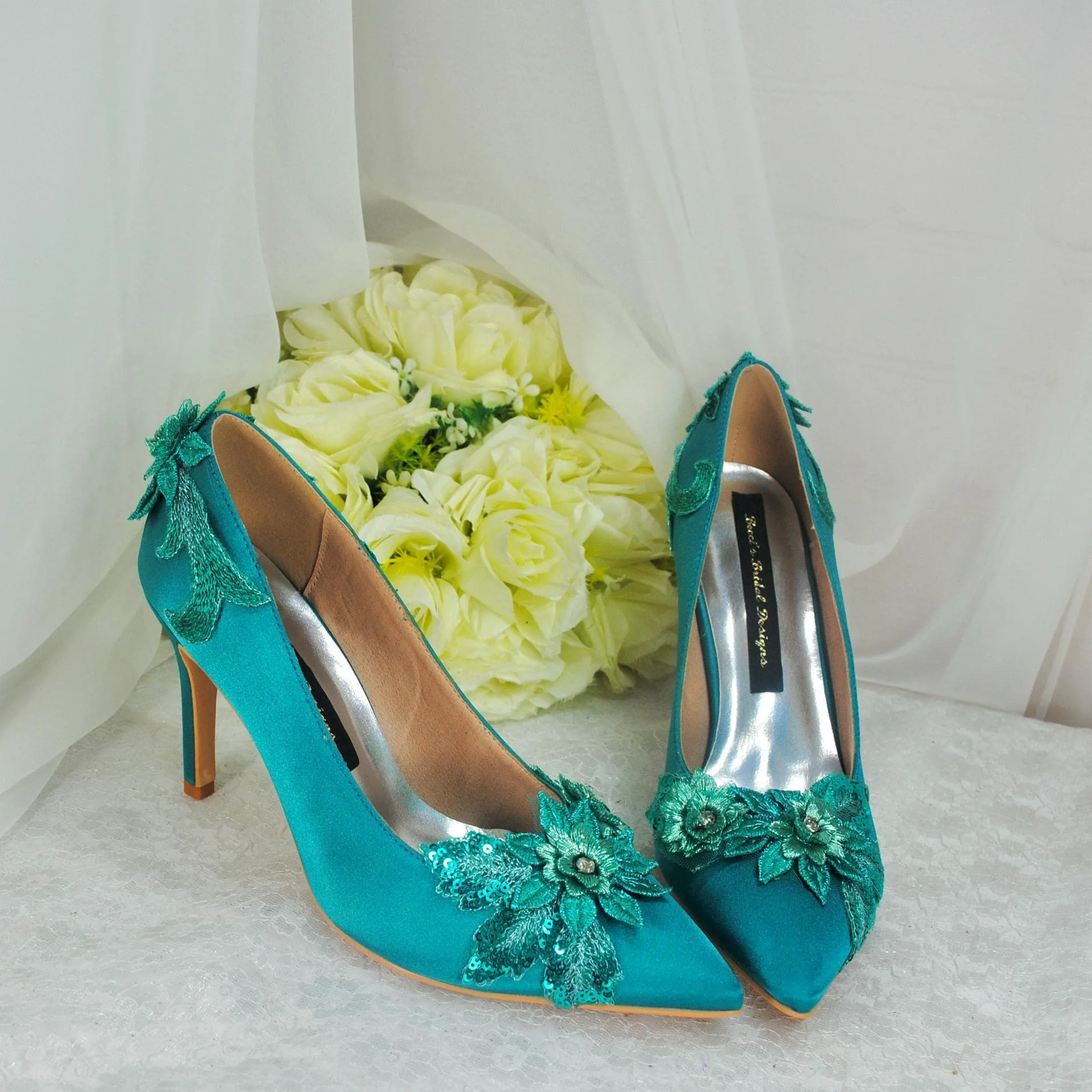 Teal Fascinator Hat, Clutch Bag and Satin Heels