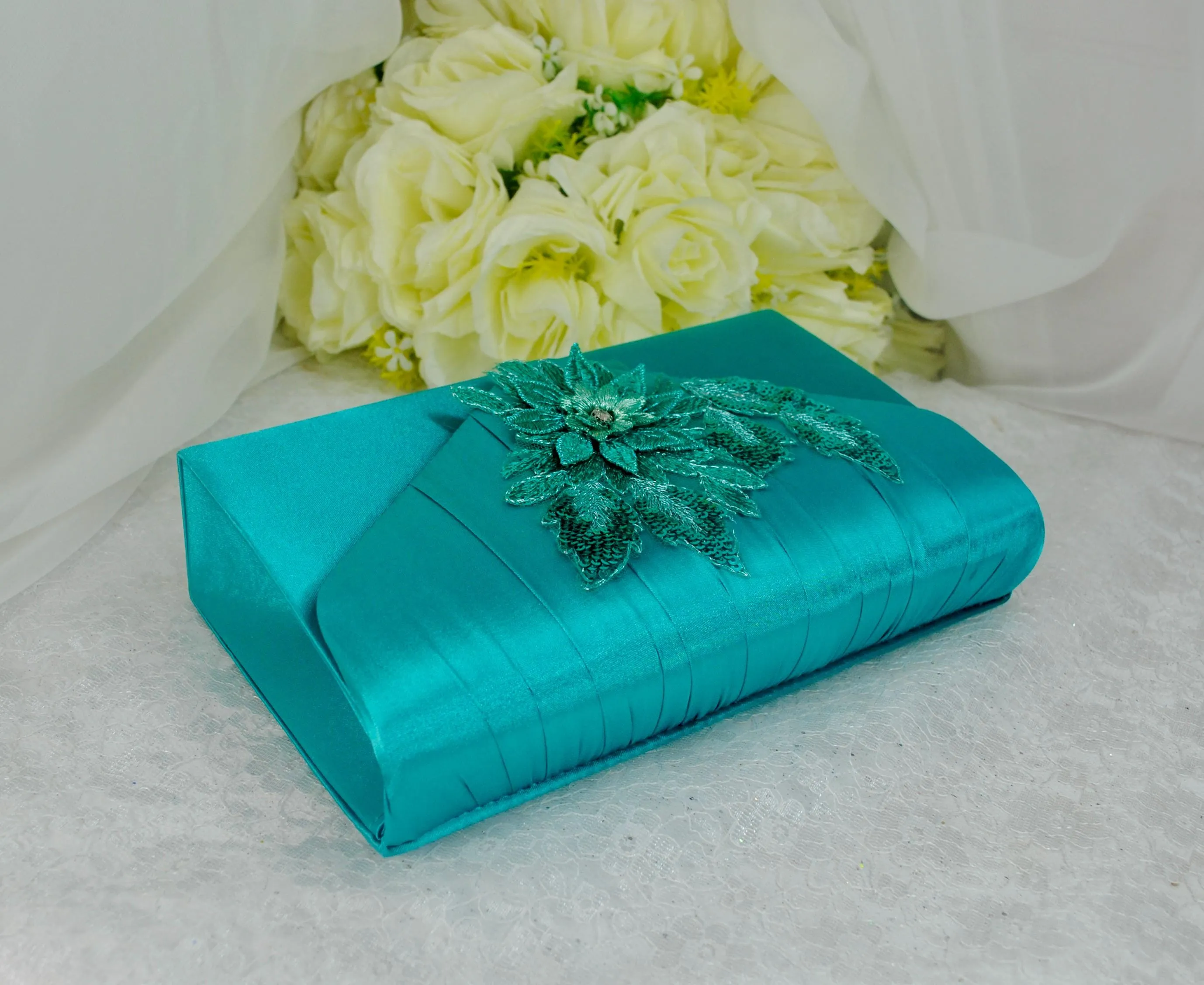 Teal Fascinator Hat, Clutch Bag and Satin Heels