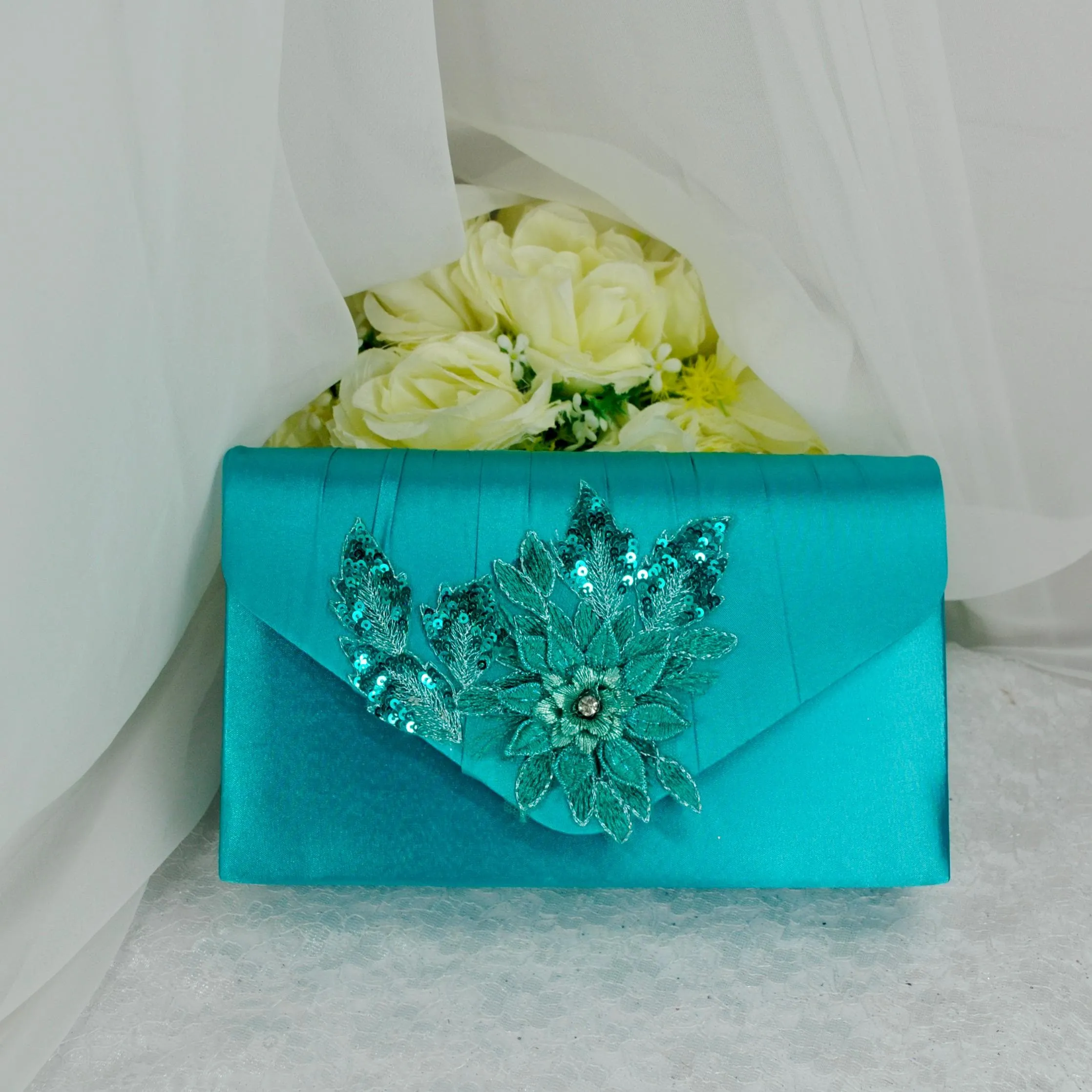 Teal Fascinator Hat, Clutch Bag and Satin Heels