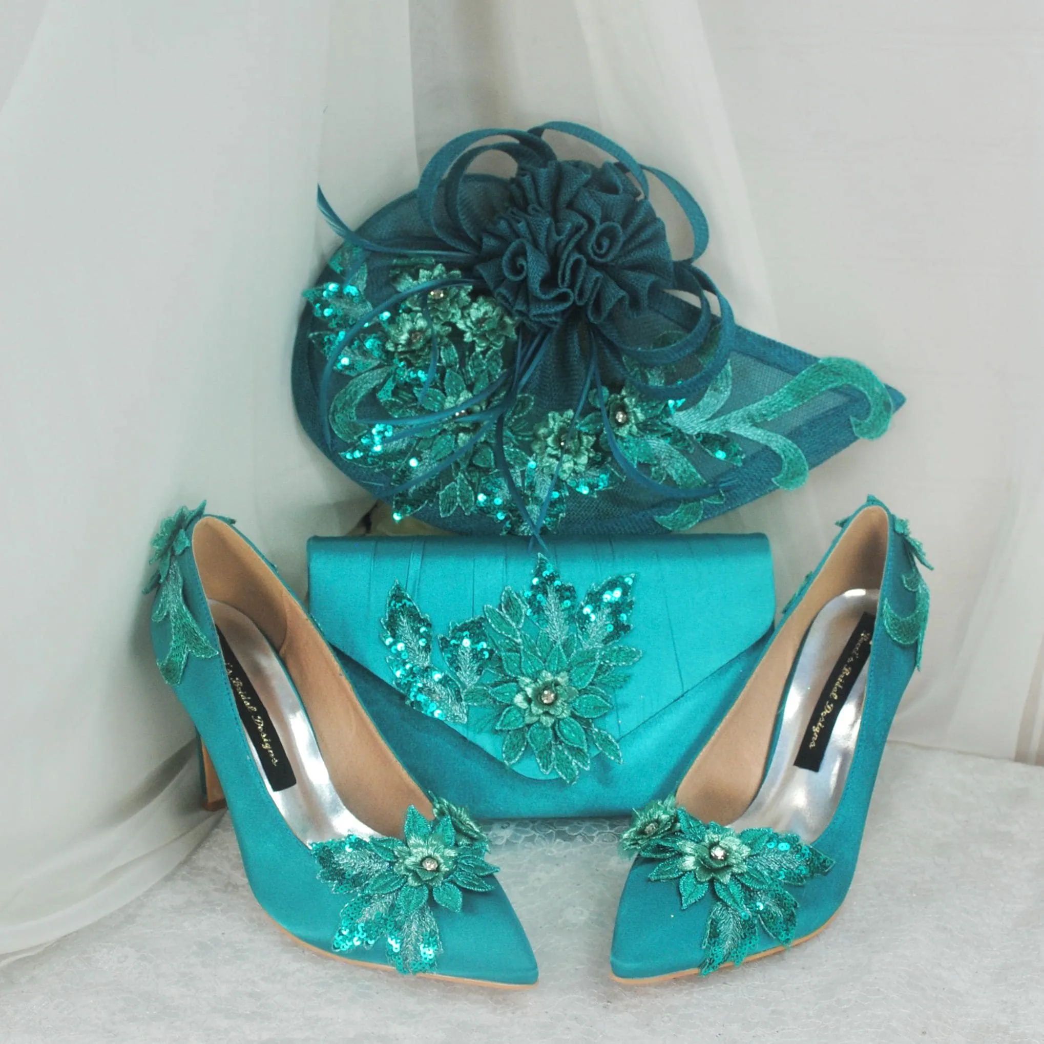 Teal Fascinator Hat, Clutch Bag and Satin Heels
