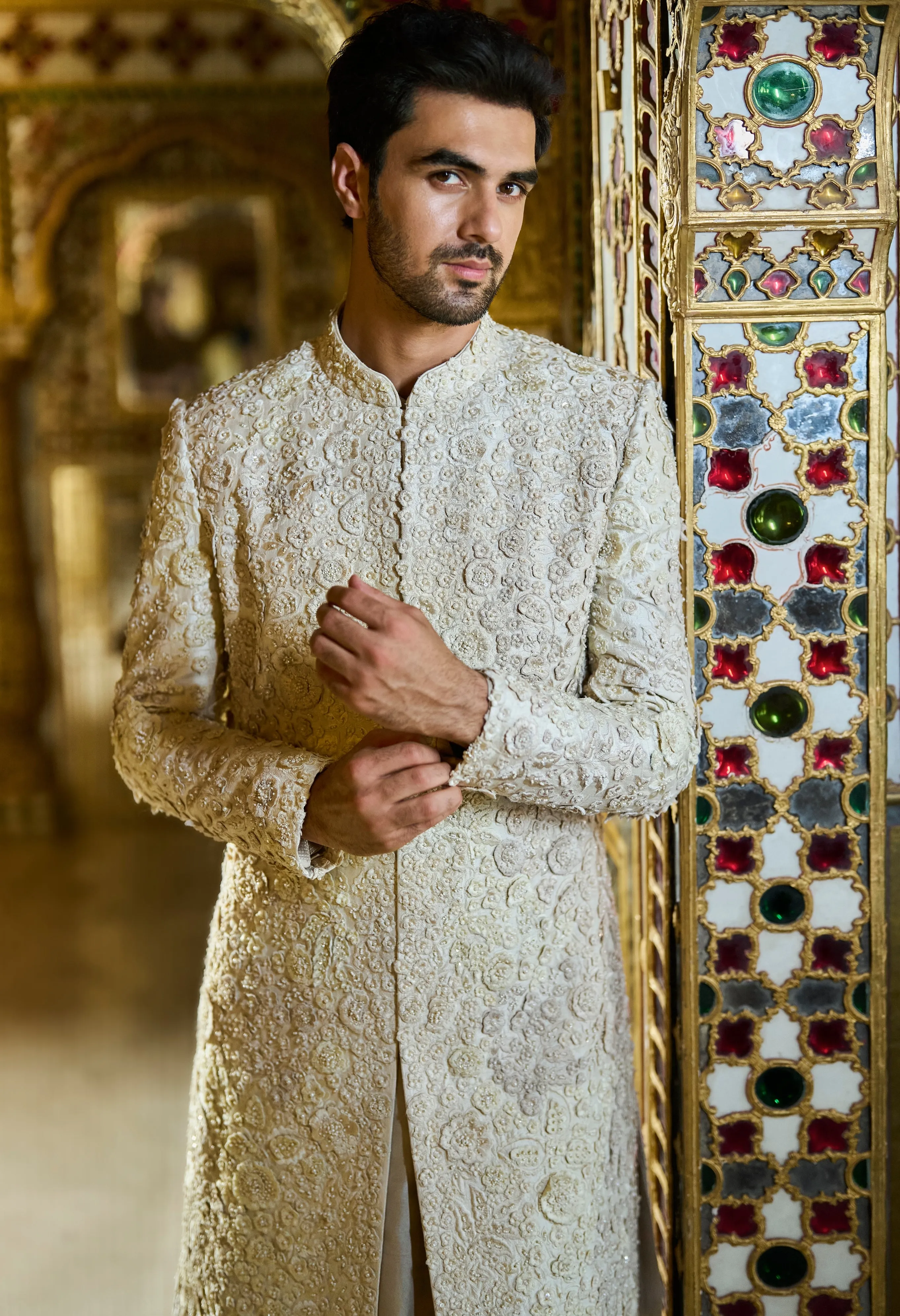 Vinatge Ivory Three-Dimensional Sherwani Set